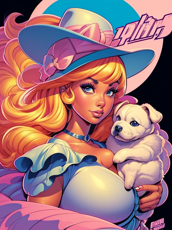 Digital painting, 4k, comic Babes, puffy woman with hat and dog in arms, in digital illustration style, color digital illustration, stylized digital illustration, by Dave Arredondo, color tattoo illustration, color illustration, J.. Scott Campbell, illustration cover art, illustration art, by Wayne England, digital illustration -, illustration art, highly detailed vector art
