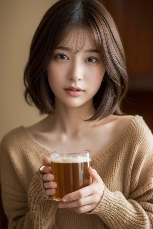 ((In 8K, Raw photo, highest quality,realistic, Photoreal:1.3)),((,very delicate and beautiful,very detailed, finely,Super detailed, High resolution:1.3))、Japanese, woman, (), viewer&#39;point of view, Beautiful and shiny straight bob hair, See-through bang, embarrassed look, ((half-open lips))、Draw poses and angles randomly, (beautiful feces:1.2), (cute:1.3) Optics　(three-dimensional sense) 、 oversized knit sweater　beautiful decollete　((cute:1.3)) 、　((Carefully reproducing and depicting detailed and high-quality eyes))、Drink at home、food on the table、holding a beer mug in hand、gentle lighting、tipsy、One shoulder is visible