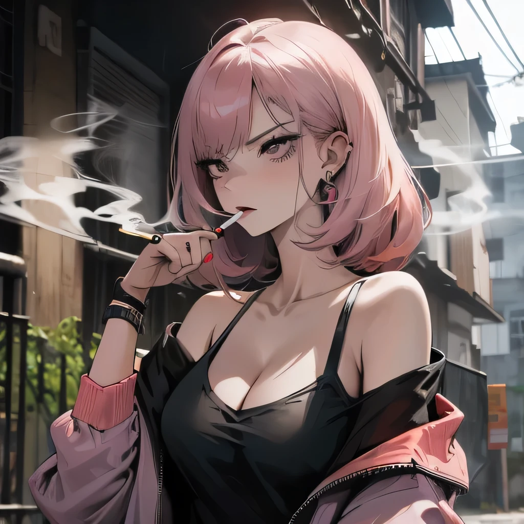((Smoke a cigarette)),Pink voluminous long hair,woman,Black underwear,(Body Harness)