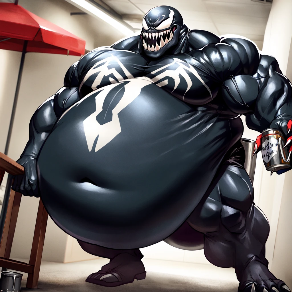 venom is a huge, muscular, and menacing looking villain, venom symbiote, venomized, symbiote, venom costume, venom, both hand grabbing the gut, fat venom from marvel, titan, bloating, bloated colossal enormous belly,both hand grabbing the gut, wrecking ball sized belly, very fat, too tight going to explode, very huge venom, beer keg in his mouth gulping chugging, belly noises lik growl, both hand grabbing the gut