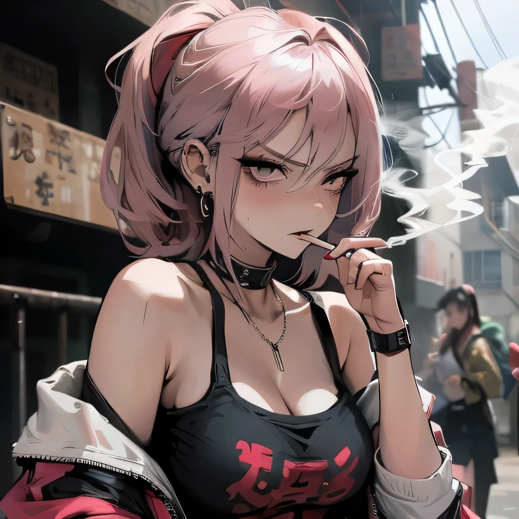 Hot girl, baddie, off shoulder, staring, glaring, shin raised up high, bad attitude, mean girl, dare, pastel pink hair, dark black eyes, fluffy hair, hair over eyes, angry, hate, crazy, hot, slut, whore, smoking, sexy, cleavage