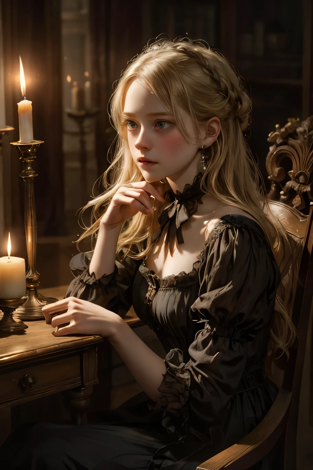 (best quality,realistic), ghostly encounter,classic literature,portraits,Victorian era,spooky atmosphere,creepy mansion,richly detailed backgrounds,haunting expressions,mysterious shadows,candlelit room,Virginia's flowing gown,subtle smiles,magic realism,ethereal beauty,wisps of ghostly apparitions,supernatural presence,intense gazes,subdued lighting,flickering candles,faded elegance,antique furniture,crimson drapes,sublime sorrow,transcendent artistry,translucent figures,heartfelt connection,gothic romance,emotional depth,unsettling silence,fleeting encounters,ethereal whispers,bittersweet revelation,sublime melancholy, llustration of 15 years old Virginia Otis blonde hair blue eyes youngest cute face,