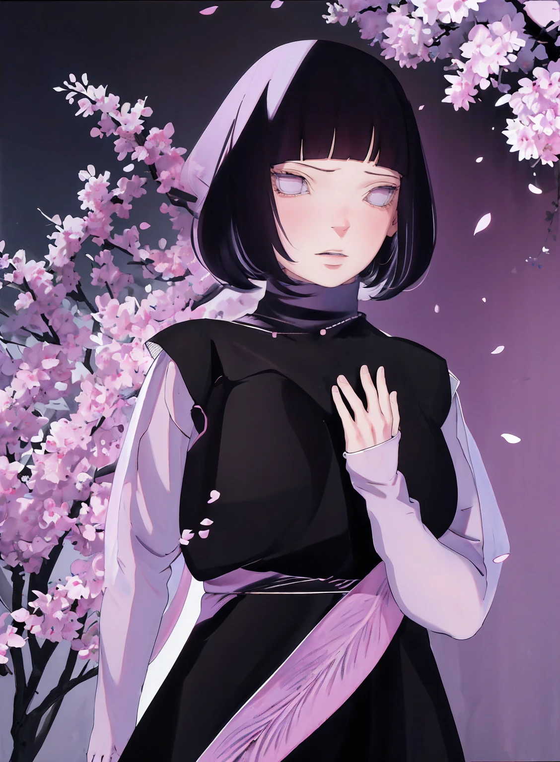 { - anatomy error} (Masterpiece - Ultra-detailed, very high resolution) (huge titusty, masterpiece, absurdres, hinata\(boruto\), 1girl, solo,mature female, lilac turtleneck blouse, black pant, looking at viewelling petals), perfect composition, detailed lips, big breast, beautiful face, body propotion, blush, (pink lips), short hair, (black hair), purple eyes, soft gaze, super realistic, detailed, photoshoot, realistic face and body, closed mouth , lilac eyes, upper body, hidden hands, perfect fingers, inocent face, portrait, , backwards, looking back, dynamic poses