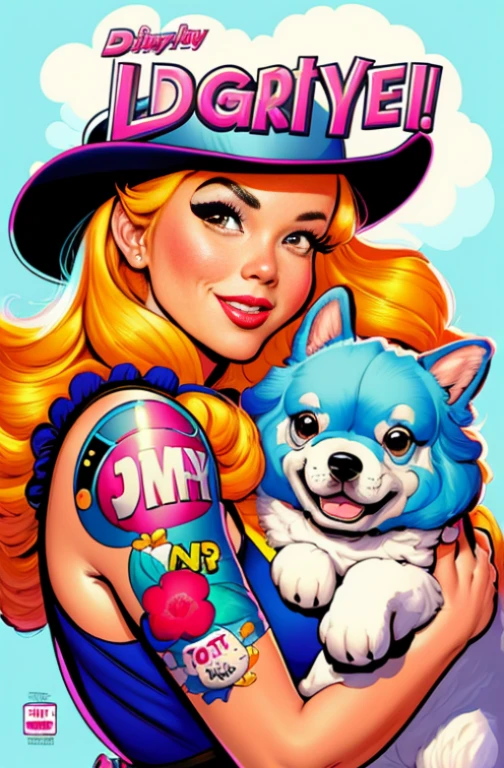 Digital painting, 4k, comic Babes, puffy woman with hat and dog in arms, in digital illustration style, color digital illustration, stylized digital illustration, by Dave Arredondo, color tattoo illustration, color illustration, J.. Scott Campbell, illustration cover art, illustration art, by Wayne England, digital illustration -, illustration art, highly detailed vector art