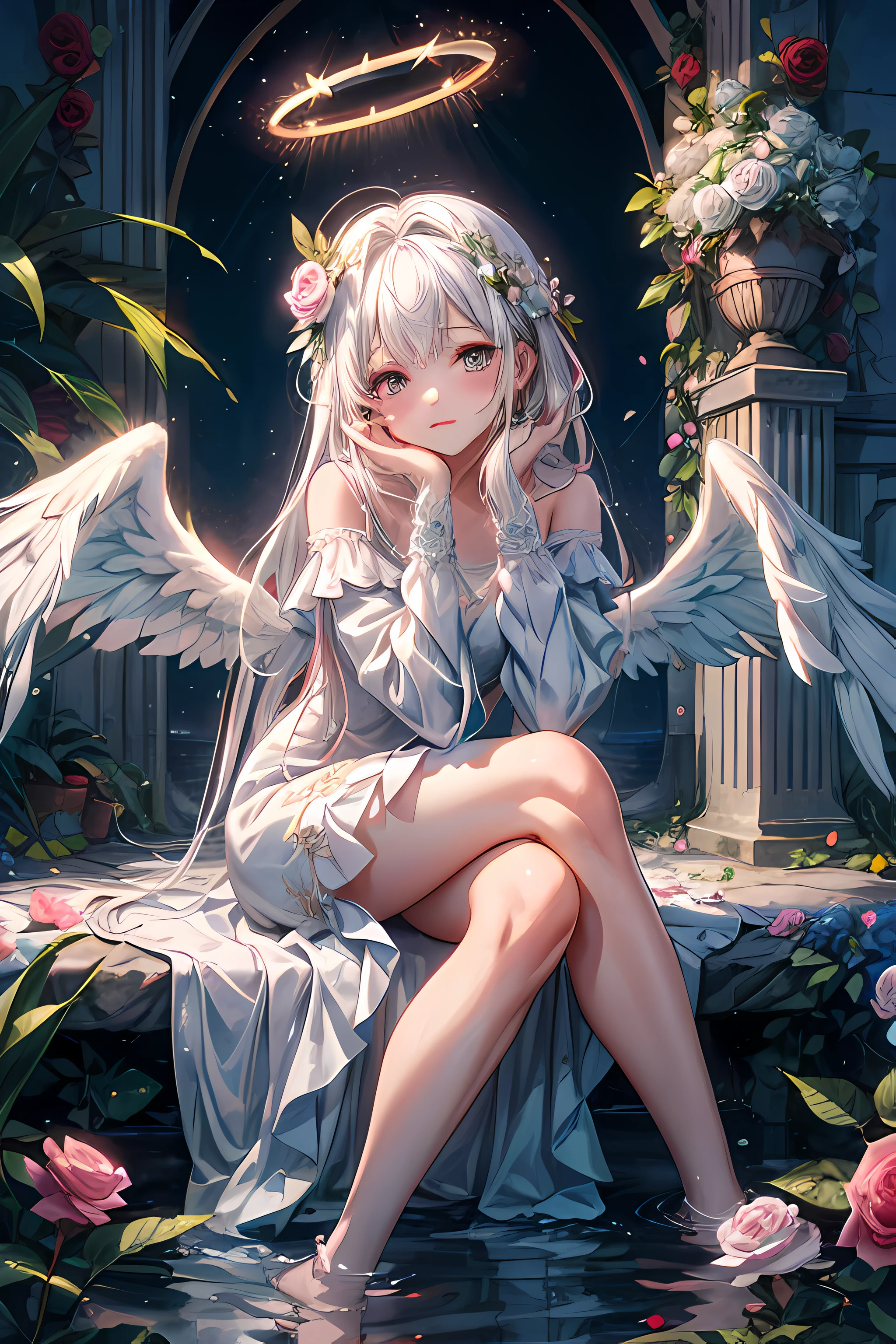 1girl, flower, solo,halo, long hair, wings, white hair, pink flower, sitting, white flower, angel, water, rose, long sleeves, red flower, dress, head rest, angel wings, feathered wings, closed mouth, pink rose, blue flower, bangs, white dress, plant