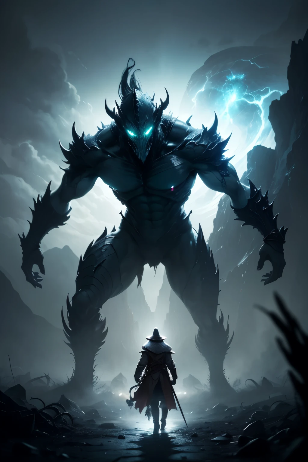 perfect photo haunting essence of a nether dragon, a creature summoned from the Twisting Nether. Its dark, nebulous form seems to absorb all light, save for its glowing, malevolent eyes. Shackled by arcane runes, in front of him an humble courageous soldier with a greatsword, though its true intentions remain inscrutable, extreme details, volumetric lighting, cinematic scene, full focus, 16k, UHD, HDR