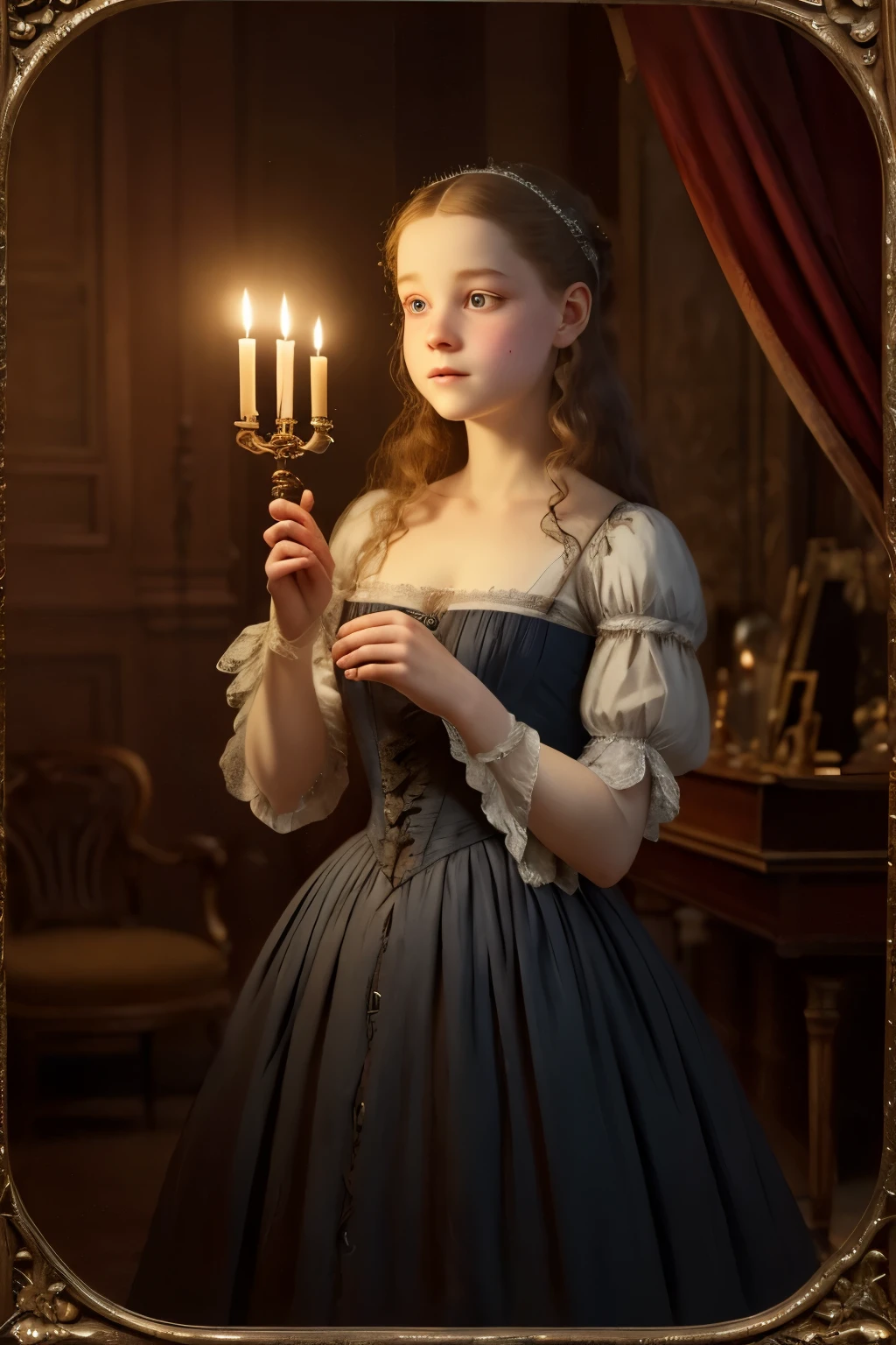 (best quality,realistic), ghostly encounter,classic literature,portraits,Victorian era,spooky atmosphere,creepy mansion,richly detailed backgrounds,haunting expressions,mysterious shadows,candlelit room,Virginia's flowing gown,subtle smiles,magic realism,ethereal beauty,wisps of ghostly apparitions,supernatural presence,intense gazes,subdued lighting,flickering candles,faded elegance,antique furniture,crimson drapes,sublime sorrow,transcendent artistry,translucent figures,heartfelt connection,gothic romance,emotional depth,unsettling silence,fleeting encounters,ethereal whispers,bittersweet revelation,sublime melancholy, llustration of Virginia Otis blonde hair blue eyes youngest cute face,