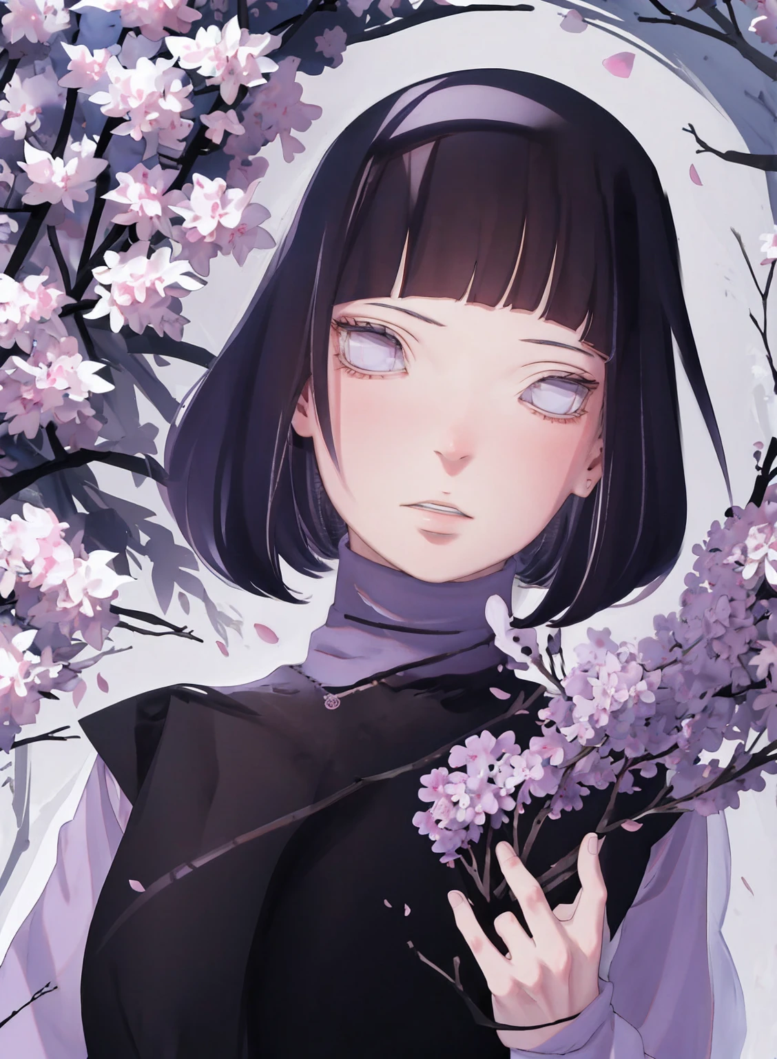 { - anatomy error} (Masterpiece - Ultra-detailed, very high resolution) (huge titusty, masterpiece, absurdres, hinata\(boruto\), 1girl, solo,mature female, lilac turtleneck blouse, black pant, looking at viewelling petals), perfect composition, detailed lips, big breast, beautiful face, body propotion, blush, (pink lips), short hair, (black hair), purple eyes, soft gaze, super realistic, detailed, photoshoot, realistic face and body, closed mouth , lilac eyes, upper body, hidden hands, perfect fingers, inocent face, portrait, , backwards, looking back, dynamic poses