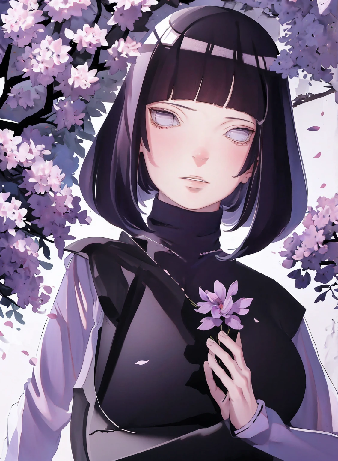 { - anatomy error} (Masterpiece - Ultra-detailed, very high resolution) (huge titusty, masterpiece, absurdres, hinata\(boruto\), 1girl, solo,mature female, lilac turtleneck blouse, black pant, looking at viewelling petals), perfect composition, detailed lips, big breast, beautiful face, body propotion, blush, (pink lips), short hair, (black hair), purple eyes, soft gaze, super realistic, detailed, photoshoot, realistic face and body, closed mouth , lilac eyes, upper body, hidden hands, perfect fingers, inocent face, portrait, , backwards, looking back, dynamic poses