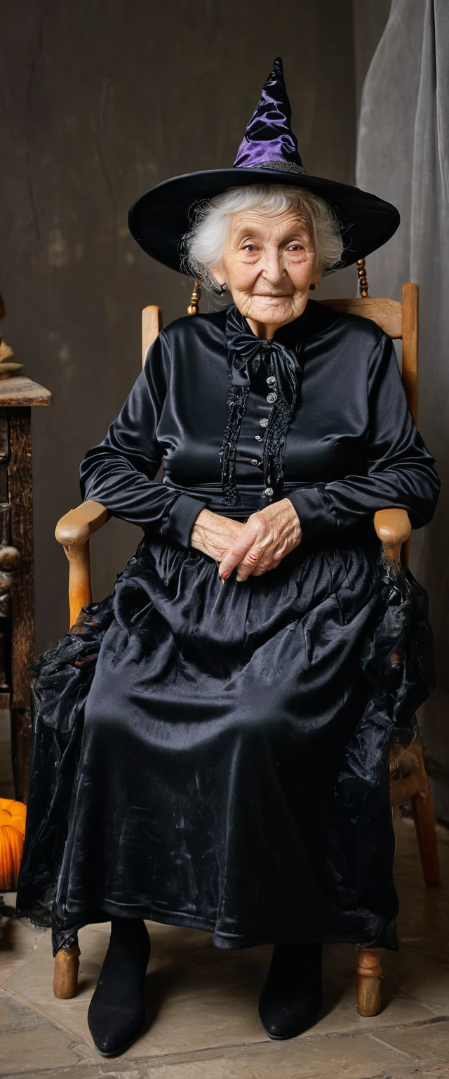 elderly woman with a gelid appearance in witch's clothing sitting on a small chair in a