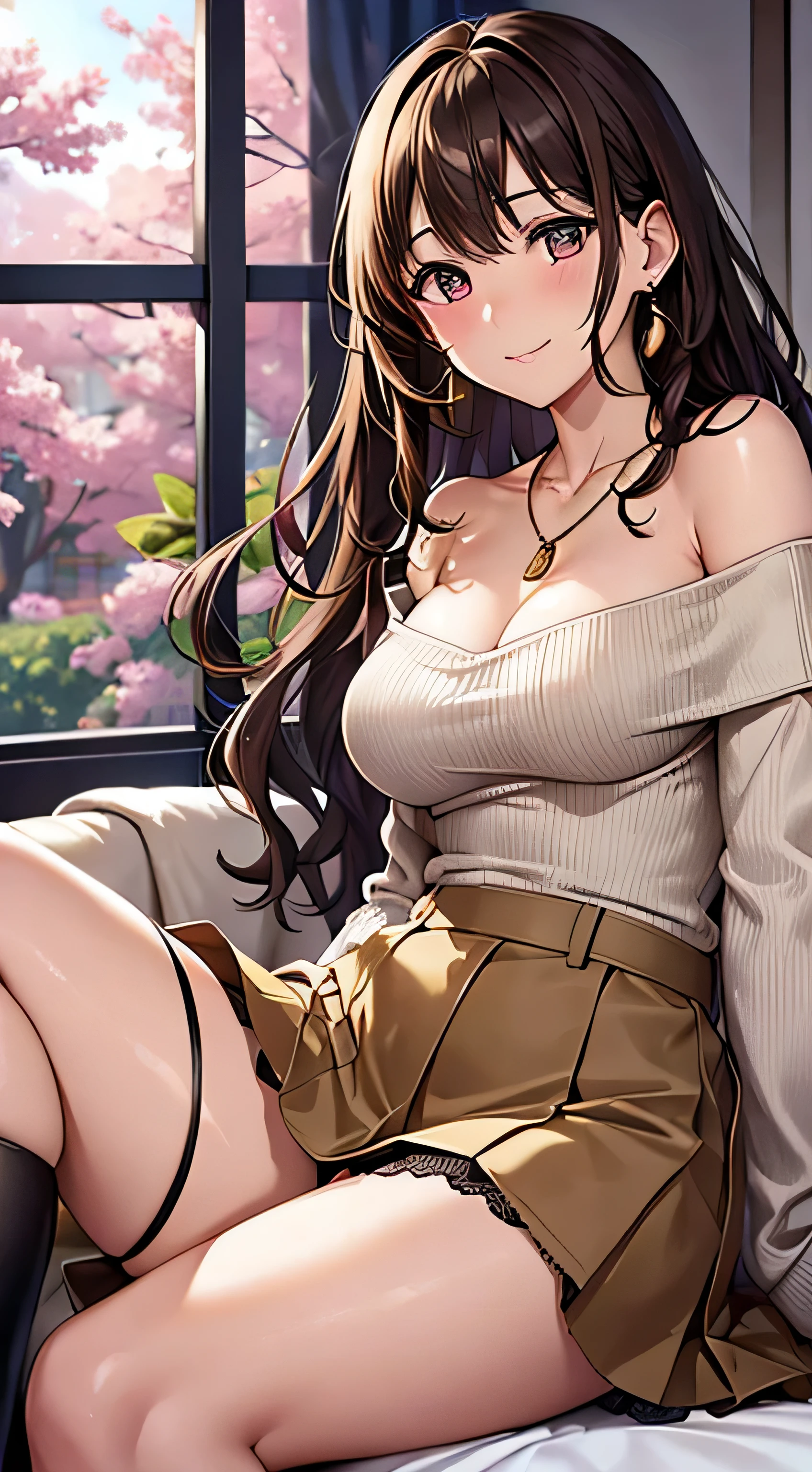 (table top, highest quality, High resolution, , perfect pixel, 4k,), 1 girl, single, alone, Beautiful woman、I could see the whole body、 ((wavy middle hair, bangs, brown hair)), ((brown eyes, beautiful eyelashes, realistic eyes)), ((detailed face, blush:1.2)), ((smooth texture:0.75, realistic texture:0.65, realistic:1.1, Anime CG style)), medium breasts, dynamic angle, perfect body, ((, beige off shoulder sweater、Tight denim skirt、black stockings、cute necklace、earrings、)), upper grade、shy smile、Luxury hotel room、sleep on your back in bed、((open legs))、angle from below、Put your arms together to accentuate your cleavage、、((Pink lace panties are visible))、