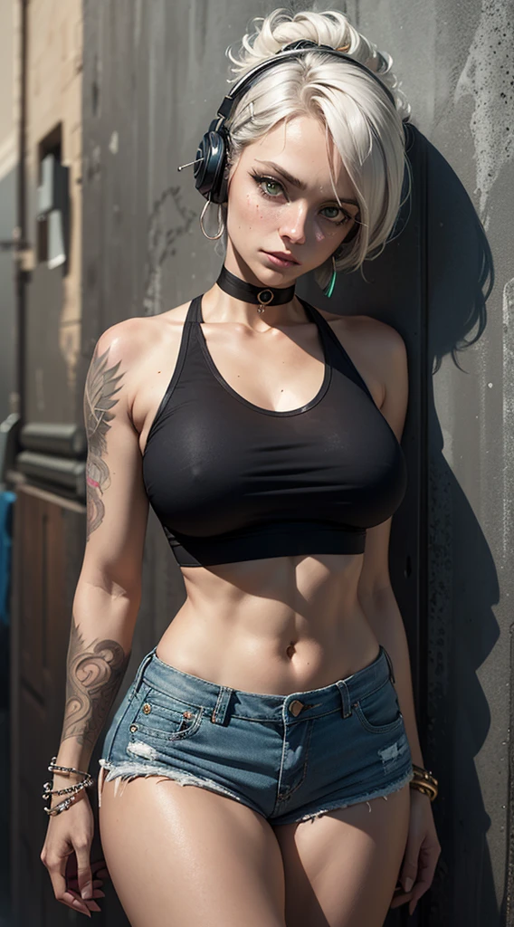 masterpiece, best quality, aunt shows herself with a rather slender figure. She has grey-white hair , She has short hair and big pale green eyes, crop top, denim shorts, choker, (grafity:1.5), paint splatter, arms behind back, against the wall, looking at the Viewer, bracelet, tattoo on upper arm, head tilt, bored, headset,