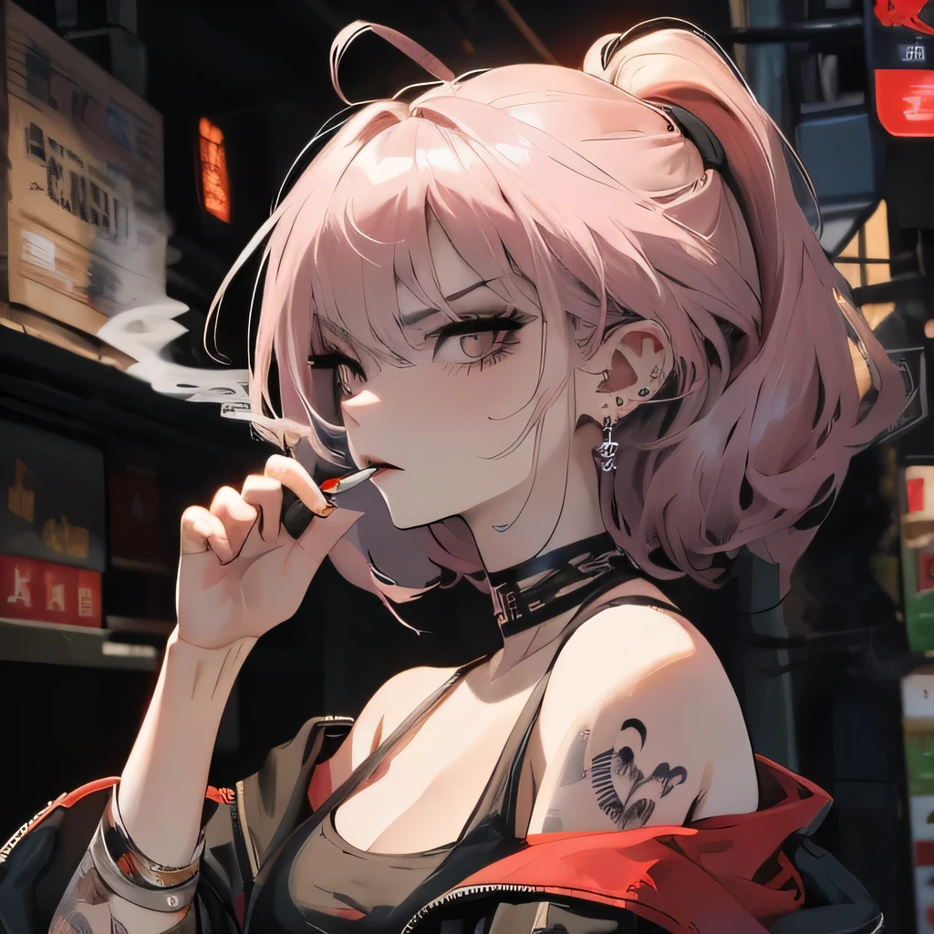 Hot girl, baddie, off shoulder, staring, glaring, shin raised up high, bad attitude, mean girl, dare, pastel pink hair, dark black eyes, fluffy hair, hair over eyes, angry, hate, crazy, hot, slut, whore, smoking, sexy, cleavage, sensual, slutty, sultry, attractive, big breast, tattoo