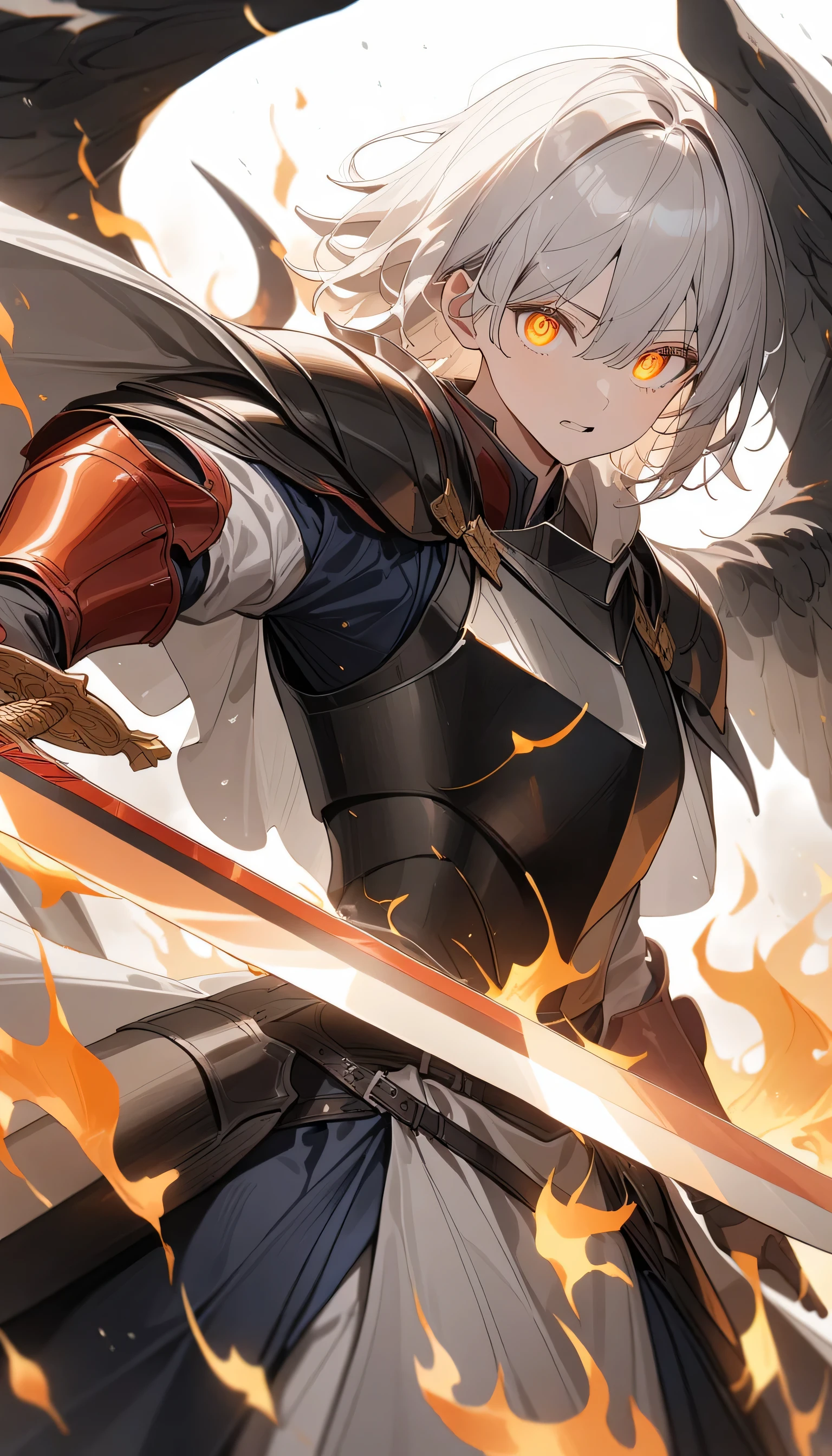 ((super detailed illustrations, 8K, masterpiece :1.2, sharp focus :1.2, Depth of the bounds written:1.2)), , BREAK,(Shining eyes、detailed beautiful face)、beautiful anime、(Two beautiful swordsmen:1.4), (Two swordsmen having a sword duel:1.6)、disorganized, Highly detailed face and skin texture, silver hair, jet black armor, Flame Armor, cloak wrapped in flames, sword wrapped in flames,, BREAK,wings of flame, Determination to overcome sadness, Traces of determination in gentle eyes , strong soul、, BREAK,(highest quality、masterpiece、High resolution、detailed), BREAK,dynamic angle
