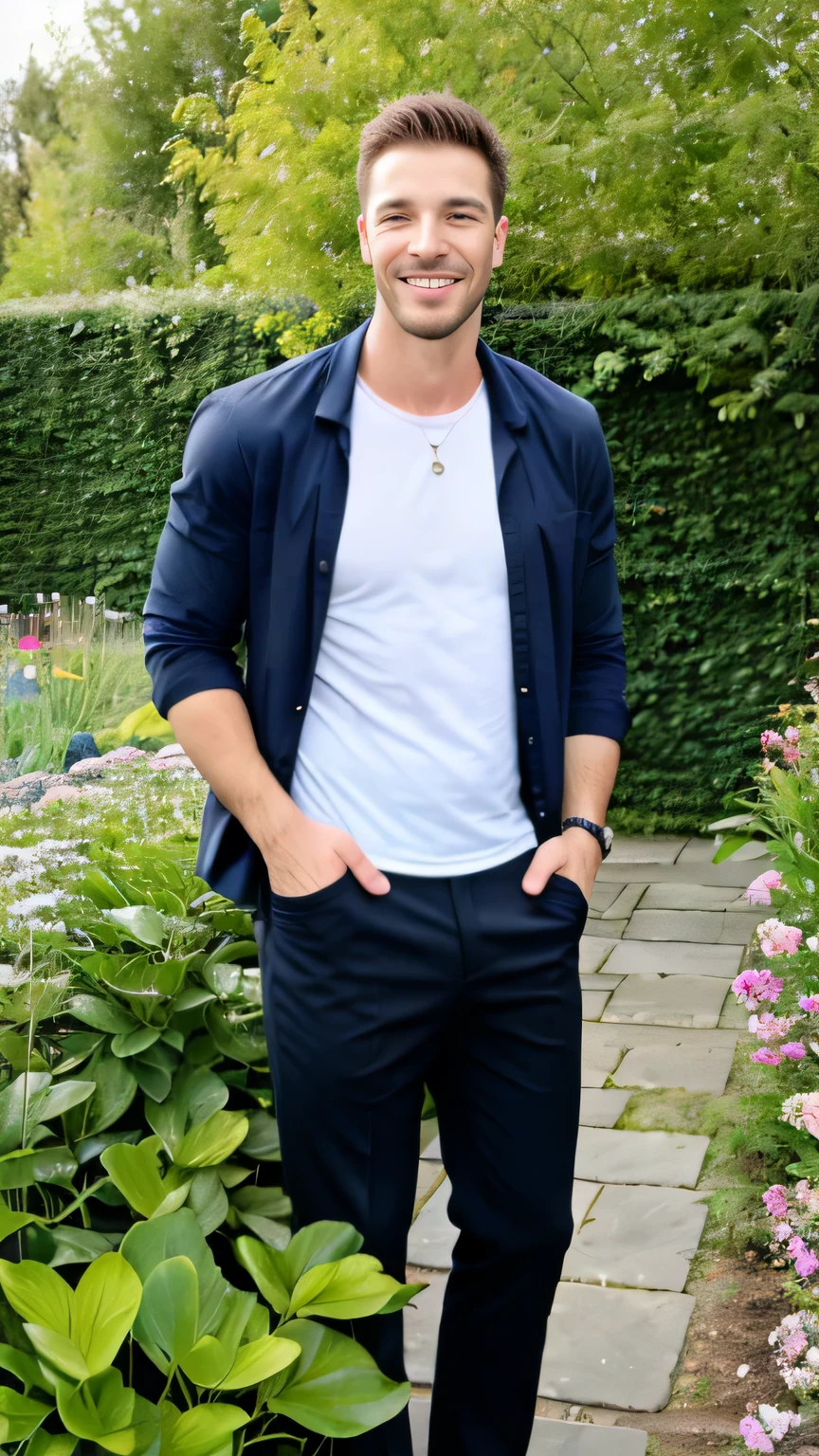 tall man, masculine, smiles, sitzt im Garten