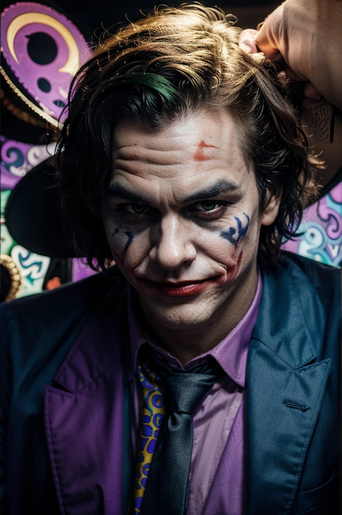 Joker with various psychedelic thoughts behind him in cloud
