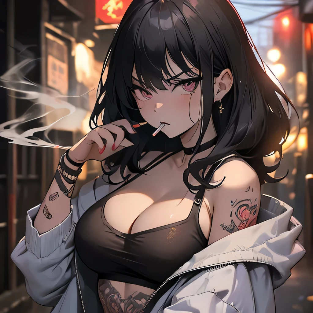 Hot girl, baddie, off shoulder, staring, glaring, shin raised up high, bad attitude, mean girl, dare, pastel pink hair, dark black eyes, fluffy hair, hair over eyes, angry, hate, crazy, hot, slut, whore, smoking, sexy, cleavage, sensual, slutty, sultry, attractive, big breast, tattoo