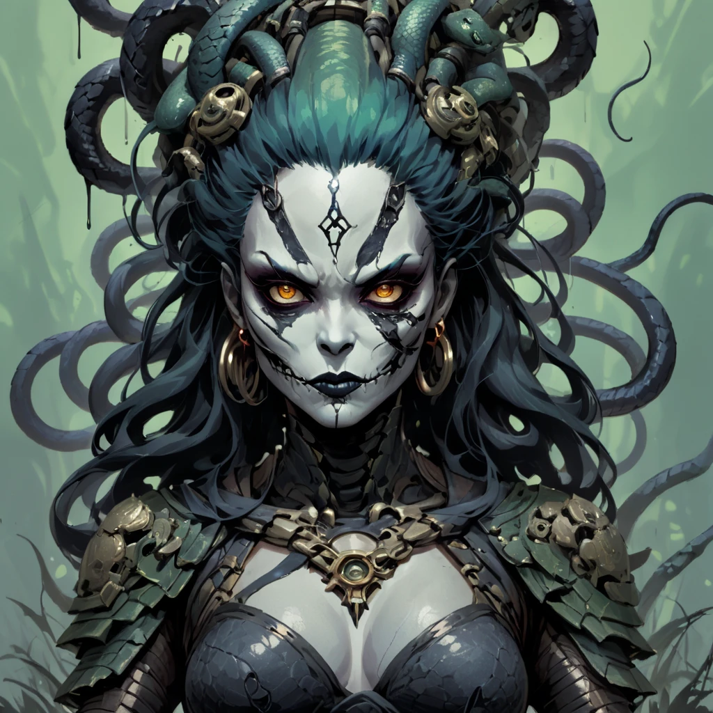 splash page decompressed comic cover art, joelle jones style expressive ink comic, rich color grading, rotoscope hyperrealism, frederic delavier musculature anatomy detailed accurate precise illustration, internal mechanics of robotic Medusa, cinematic, chiaroscuro lighting, surreal, slender medusa filled with steampunk gears and machinery, vertigo, overwhelming, intense, depth, Medusa, splash page decompressed comic cover art, ink style figure, candid, snake skin dress, ((art style expressive Joelle Jones and "Sean Gordon Murphy" comic drawing)), wordless, cinematic poster double exposure, optical illusion, image within image, abyss void black no visibility darkness, full body portrait, (background, pine barrens, entropy, rewilding, magic hour sunset, galaxy stars, cosmos), (horror, abstract, surreal, body, cosmic), body anatomy drawn in Frederic Delavier musculature anatomical illustration art style, (face, ornate black metal corpse paint, resembles Grace Jones), (body, Naga, snakefolk, lower body snake tail, snake woman hybrid, bald, hairless, skeleton, snake skin tattoos, piercing eyes, snake pupils, over the shoulder), (colors, merge bleak muted deep fiery radiant glowing ROYGBIV, forest green to earth brown), craftsmanship nuance, (art style Gerardo Zaffino charcoal), subliminal orchids, nyctophobia, (wordless, single image), silhouette
