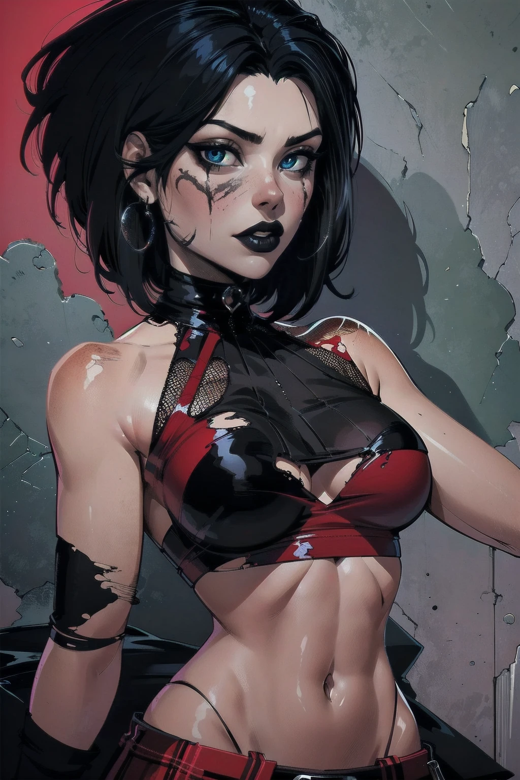 a woman with short black hair, hair on shoulders, wearing a red cropped and plaid skirt, blue eyes, zombie art, gothic art, cute aesthetic with vibe, toon aesthetic, wearing red costume, wearing gothic accessories, look like Cassie Hack, upper body, red background