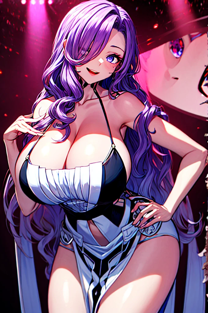 (masterpiece), best quality, 1girl, saori_kido, cute, huge bust, 18 years old, big expressive eyes, blue eyes, perfect face, most seductive girl imaginable, cute, purple hair, shoulder hip length, wavy hair, voluminous hair, no makeup, happy face, pink lights, slip dress degage white neckline, short and bold dress