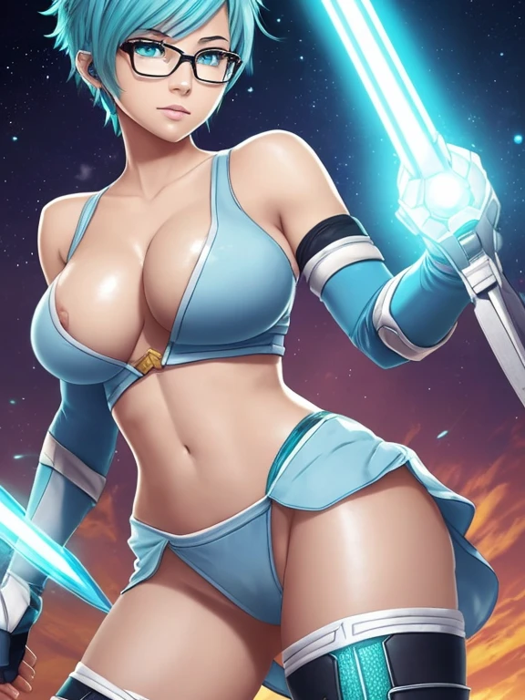 Digital painting, 4k, comic Babes, (Tristeague of legends\):1.1) ((nsfw 1 girl Sci-fi, skin color: blue, short hair, hair color: white, thighs, Flushed face, big breasts, full body )), nsfw, ((highly detailed skin, Light blue skin color)), Ultra HD |, Cockpit background, outer space, handsome guy, Tristeague of legends\), League of Legends, glasses, glasses on head, Gloves , navel, sci-fi, Earrings, fingerless gloves, elbow gloves, green panties, cut-off arm sleeves, (((light blue skin)))