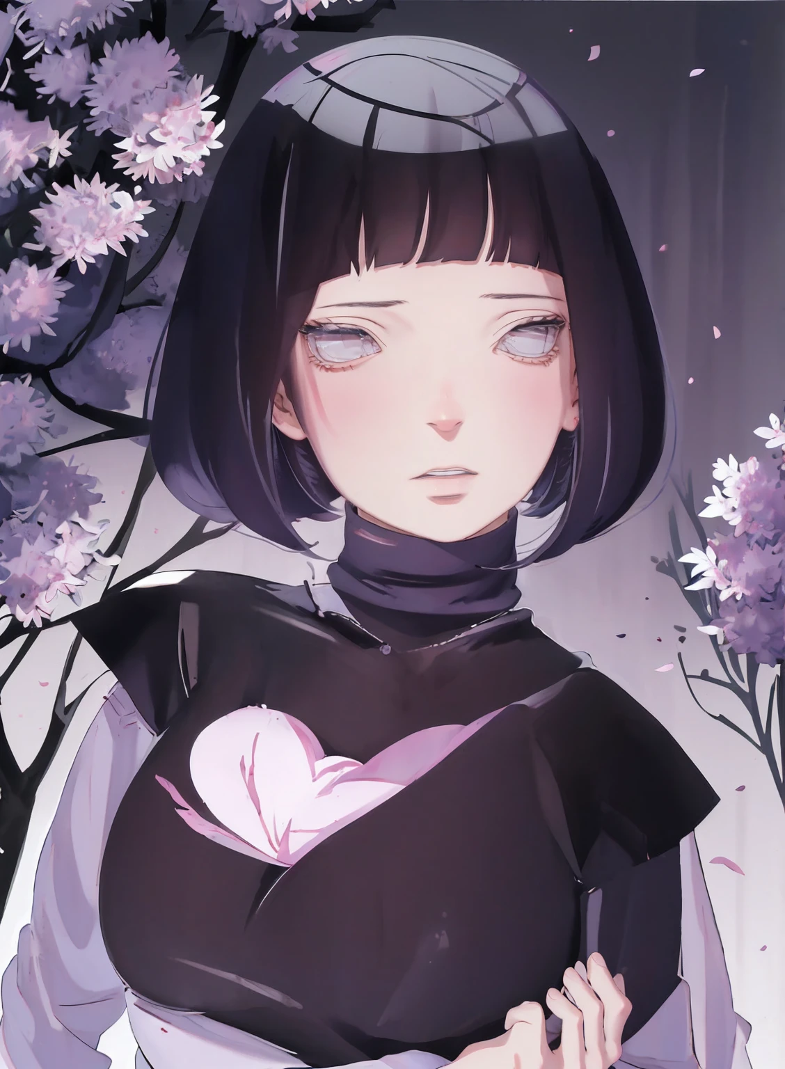 { - anatomy error} (Masterpiece - Ultra-detailed, very high resolution) (huge titusty, masterpiece, absurdres, hinata\(boruto\), 1girl, solo,mature female, lilac turtleneck blouse, black pant, looking at viewelling petals), perfect composition, detailed lips, big breast, beautiful face, body propotion, blush, (pink lips), short hair, (black hair), purple eyes, soft gaze, super realistic, detailed, photoshoot, realistic face and body, closed mouth , lilac eyes, upper body, hidden hands, perfect fingers, inocent face, portrait, , backwards, looking back, dynamic poses