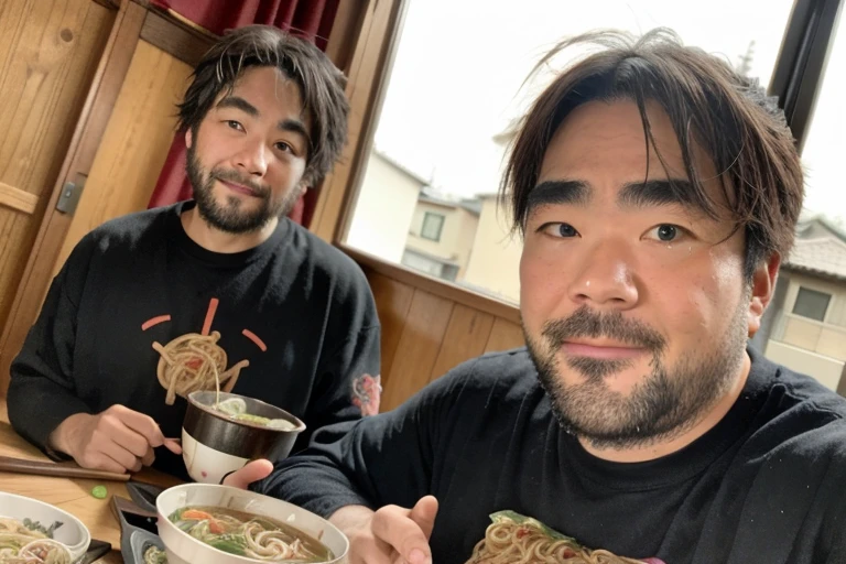 (eat ramen), ３０Year old man, black eye,