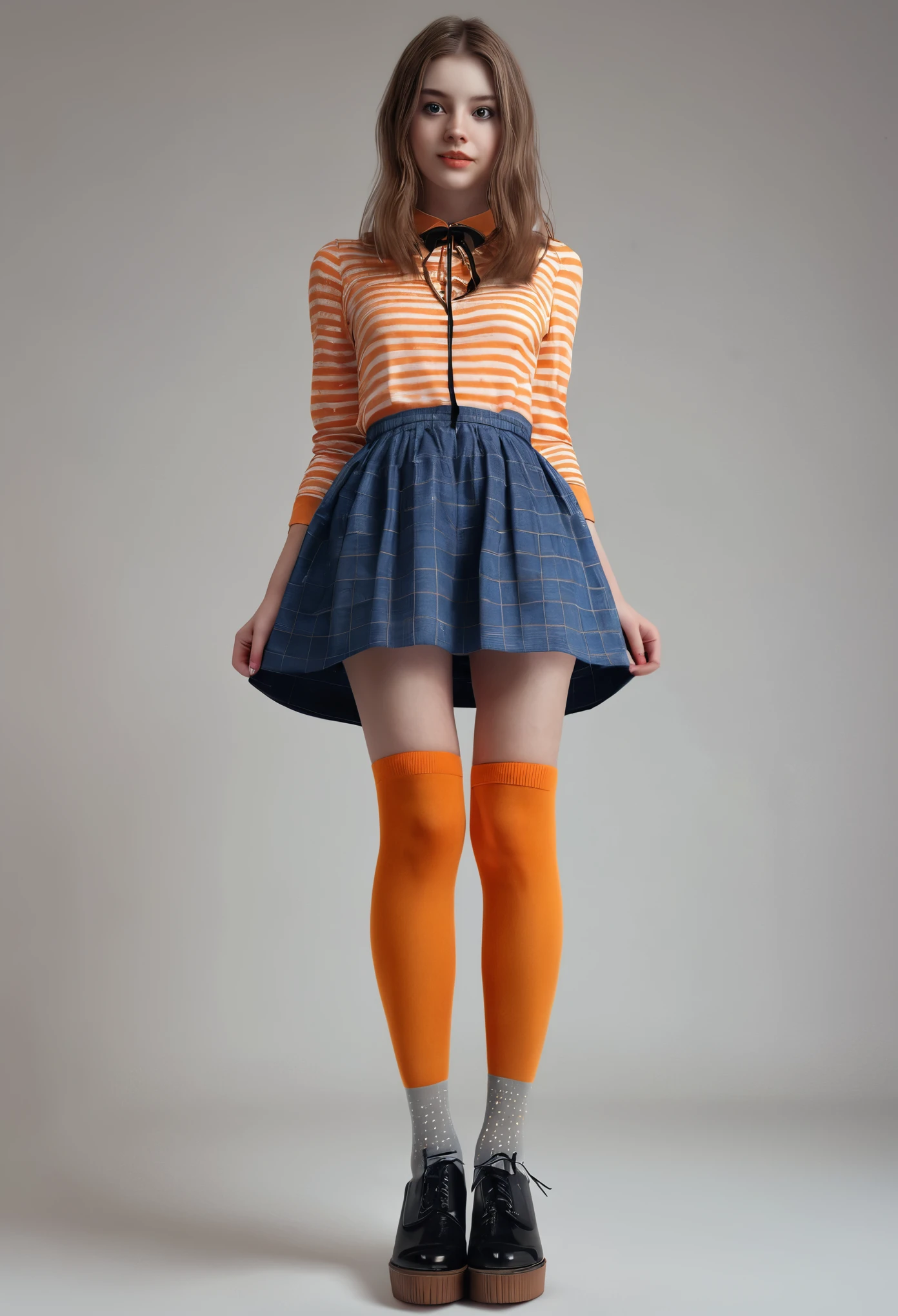 1 5 y.o.,very very skinny girl with a  small dress,(best quality,4k,8k,highres,masterpiece:1.2),ultra-detailed,(realistic,photorealistic,photo-realistic:1.37) (looking at viewer), long socks with shoes, wide shot a beautiful woman, (modern photo), ( off-top ),((plain background orange)), 85mm, (analog, cinematic, film grain:1.3), detailed bulging eyes, painted lips, necklace, (epicPhoto), (looking at viewer), (((transparent top ))),(brakets)(realistic,photorealistic,photo-realistic:1.37) (looking at viewer), long socks with shoes, wide shot, 15 years
