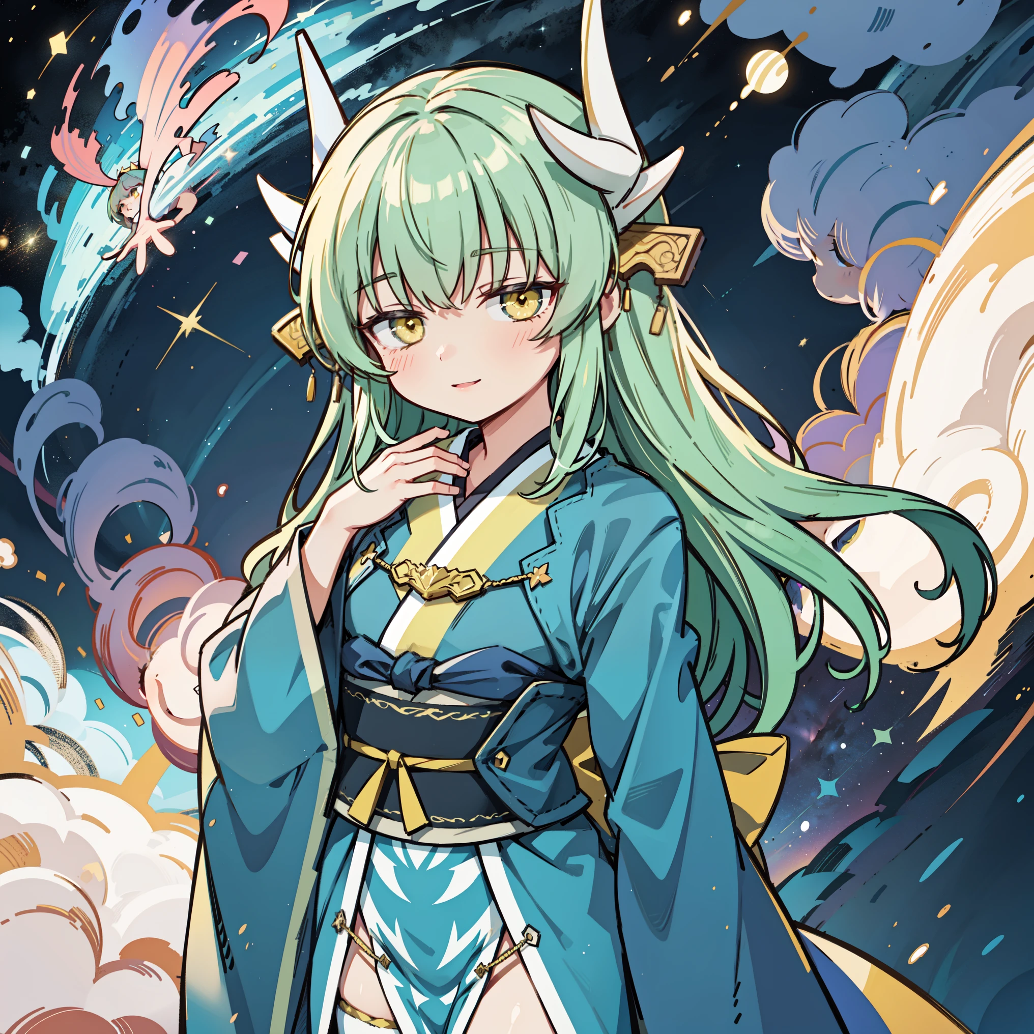 1girl, solo, portrait, ((aakiyo)), long hair, green hair, white horns, hair ornament, yellow eyes, wearing a kimono, green kimono, pelvic curtain, white thighhighs, smile, cute, warm, looking at viewer, upper body, standing, ((hand on chest)), starry sky background, stars, space, masterpiece, best quality