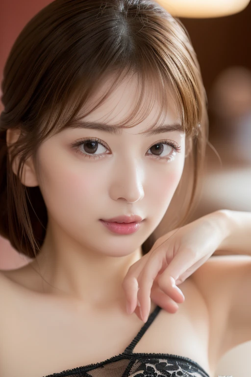 ((In 8K, Raw photo, highest quality,realistic, Photoreal:1.3)),((,very delicate and beautiful,very detailed, finely,Super detailed, High resolution:1.3))、Japanese, woman, (20-year-old), viewer'point of view, A beautiful, shiny straight ponytail, red scrunchie、See-through bang, embarrassed look, ((half-open lips))、Draw poses and angles randomly, (beautiful feces:1.2), (cute:1.3) Optics (three-dimensional sense) 、 Black fine lace dress。 beautiful decollete、 ((cute:1.3)) 、 ((Carefully reproducing and depicting detailed and high-quality eyes))、hotel lounge、food on the table、holding a beer mug in hand、gentle lighting、tipsy、One shoulder is visible