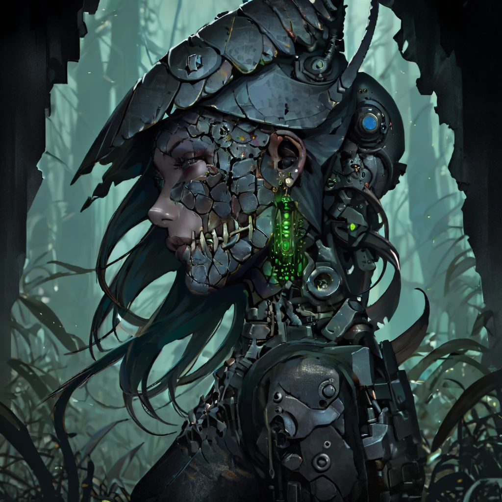 splash page decompressed comic cover art, joelle jones style expressive ink comic, rich color grading, rotoscope hyperrealism, frederic delavier musculature anatomy detailed accurate precise illustration, internal mechanics of robotic Medusa, cinematic, chiaroscuro lighting, surreal, slender medusa filled with steampunk gears and machinery, vertigo, overwhelming, intense, depth, Medusa, splash page decompressed comic cover art, ink style figure, candid, snake skin dress, ((art style expressive Joelle Jones and "Sean Gordon Murphy" comic drawing)), wordless, cinematic poster double exposure, optical illusion, image within image, abyss void black no visibility darkness, full body portrait, (background, pine barrens, entropy, rewilding, magic hour sunset, galaxy stars, cosmos), (horror, abstract, surreal, body, cosmic), body anatomy drawn in Frederic Delavier musculature anatomical illustration art style, (face, ornate black metal corpse paint, resembles Grace Jones), (body, Naga, snakefolk, lower body snake tail, snake woman hybrid, bald, hairless, skeleton, snake skin tattoos, piercing eyes, snake pupils, over the shoulder), (colors, merge bleak muted deep fiery radiant glowing ROYGBIV, forest green to earth brown), craftsmanship nuance, (art style Gerardo Zaffino charcoal), subliminal orchids, nyctophobia, (wordless, single image), silhouette