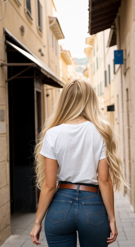 A 23 year old blonde woman, ((big breasts)), ((hyperrealism)) ,. Blonde hair with light brown roots. blonde hair, Hair with brown roots, extra long hair, very long hair, very long hair, very long hair, very long hair, very long hair, very long hair, beautiful, back view, take a photo, Photo taken, full body, in wearing a white t-shirt, and jeans with a stylish belt, showing her ass, first-rate ass, huge ass, with a low-cut top, photo at the street of port monaco, high quality,  Nikon D850 film stock photograph Kodak Portra 400 camera f1.6 lens, full body, sexy body, sexy body.