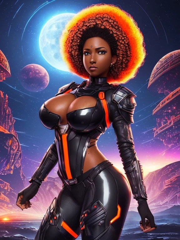 Digital painting, 4k, comic Babes, Girl, beautiful,(((1 girl))),((beautiful and beautiful girl with Afro hair)),((((black race)))),
(large breasts:1.4),saggy breasts,((((black afro hair:1.35,((Afro hair:1.35)),Afro hair,afro:1.35,Dark hair,black hair,)))),medium hair, ((heterochromia:1.5,eye1 orange,eye2 red,perfect eyes,Upward facing eyes:1.3,beautiful detailed eyes,Beautiful finely detailed eyes:1,Big eye highlight:1.2)),((fat)),(( ((tanned,dark skin,dark skin:1.35,Swarthy_female,dark skin:1.3,ebony skin,glossy skin:1.5,shiny skin:1.5,glossy skin,very shiny skin,glossy body,bright skin,wet legs)) )),(spider lower abdomen,narrow waist,wide hips,athletic body,inflated legs,Delicate and detailed fingers),((The hand consists of a short thumb and four fingers,hand with only five fingers,(Detailed face) )),
Beautiful, slutty, sensual, seductive look, seductive, erotic, charming, (((nsfw))),
zetai ryouiki,Revealing clothes,show skin,(wearing mechanical space armor:1.3,micro bikini,bare legs,one armored arm),((Black astronaut outfit with orange and purple neon details,Detailed clothes)),
(dynamic pose:1.0),Individual focus,blurred,(centered,Scale to fit dimensions,rule of thirds),
((((galactic landscape, Coast, Sky with big red planet)))),stormy sky,threatening sky,dark clouds,((synthwave background theme,Detailed history: 1.25)),((((night,Beautiful decorations lighting,Detailed architecture)))),
(Best quality,high resolution,sharp focus,Ultra detailed,extremely detailed,Very high quality illustrations,(realistic,photorealistic:1.37),8k_wallpaper,(extremely detailed 8k CG),(very good 8K CG),(( Perfect piece hyper super ultra detailed)),perfect,(((Masterpiece))),illustration,vibrant colors,(intricate),High contrast,Selective lighting,Double exposure,HDR (High Dynamic Range),Post-processing, background blur,
