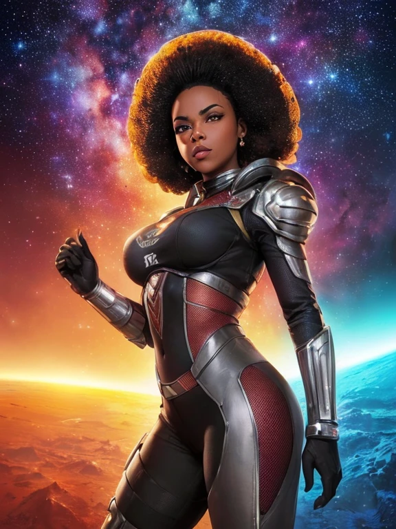 Garota,lindo,(((1 garota))),((linda y hermosa chica de Cabelo afro)),((((black race)))),

(seios grandes:1.4),saggy breasts,((((cabelo afro preto:1.35,((Cabelo afro:1.35)),Cabelo afro,afro:1.35,Cabelo escuro,cabelo preto,)))),cabelo medio,((heterochromia:1.5,olho1 laranja,olho2 vermelho,olhos perfeitos,Olhos voltados para cima:1.3,lindos olhos detalhados,Lindos olhos finamente detalhados:1,Grande destaque nos olhos:1.2)),((gordo)),((((bronzeado,pele escura,pele negra:1.35,Moreno_female,pele escura:1.3,ebony skin,Piel lustrosa:1.5,pele brilhante: 1.5,pele brilhante,pele muito brilhante,corpo brilhante,pele iluminada,pernas molhadas)))),(spider lower abdomen,cintura estreita,quadril largo,athletic body,pernas infladas,Dedos delicados e detalhados),((The hand consists of a short thumb and four fingers,hand with only five fingers,(Rosto detalhado))),

Lindo,vagabunda,sensual,mirada sedutora,sedutor,erotic,encantador,(((nsfw))),

zetai ryouiki,Roupas reveladoras,mostrar a pele,(wearing mechanical space armor:1.3,microbiquini,pernas nuas,an armored arm),((Roupa preta de astronauta com detalhes em neon laranja e roxo,Roupas detalhadas)),

(dynamic pose:1.0),Foco individual,envergonhado,(centrado,Scale to fit dimensions,rule of thirds),

((((galactic landscape, Costa, sky with big red planet)))),stormy sky,threatening sky,nuvens escuras,((tema de fundo synthwave,Detailed history : 1.25)),((((noite,Beautiful Lighting Decorations,Arquitetura detalhada)))),

(A melhor qualidade,high resolution,sharp focus,Ultra detalhado,extremamente detalhado,High quality illustrations,(realista,fotorrealista:1.37),8k_papel de parede,(CG 8k extremamente detalhado),(muito bom 8K CG),((hyper super ultra detailed perfect piece)),perfeito,(((Obra-prima))),illustration,cores vibrantes,(intrincado),Alto contraste,Selective lighting,Double exposure,HDR (High dynamic range),Post-processing,desfoque de fundo,
