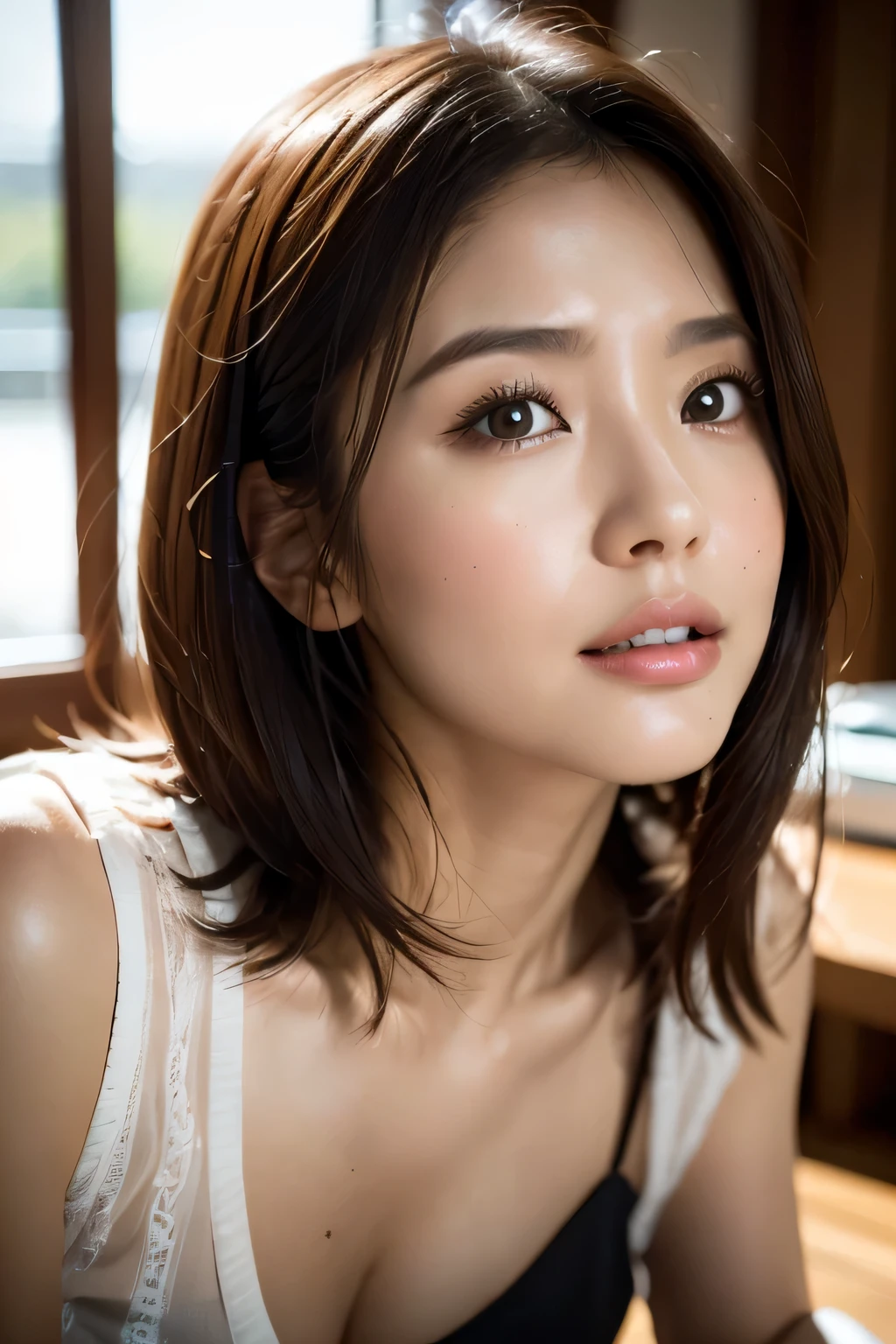 Highest quality、Ultra-high resolution、(Realistic:1.4)、((Full nudity))、Beautiful Eyes、Beautiful breasts、Realistic skin texture、Thin pubic hair、NSFW, 8K quality, 8K Ultra, 10x more pixels、Highly detailed cute face、Detailed lips、Detailed eyes、double eyelid、Natural Makeup、(Kind eyes)、((Cute Girls))、Perfect balance、Short Hair、((A lustful and feeling expression))、((Very soft breasts))、((Realistic skin type))、((Realistic Skin))、(Saggy breasts)、((having sex with me))、((Immersive))、((Very realistic expression))、((Close-up of face))、((Beautiful nipples))、(Please feel it with me)、((It feels good))、