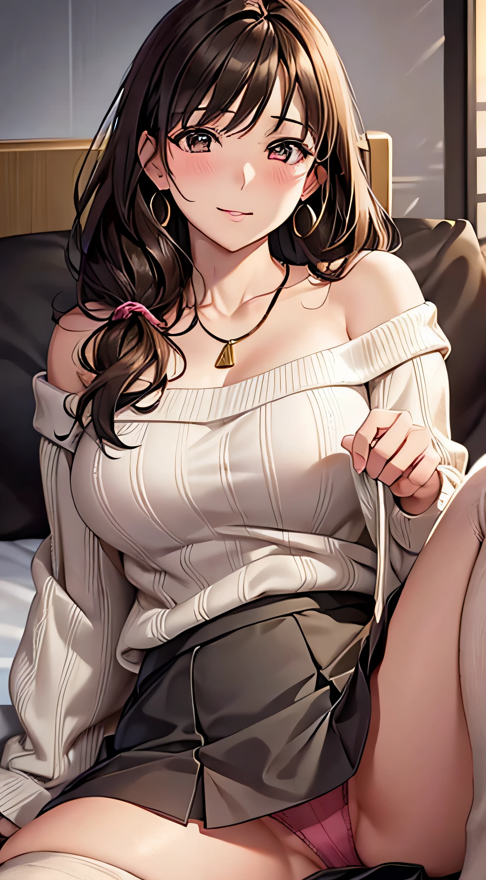 (table top, highest quality, High resolution, , perfect pixel, 4k,), 1 girl, single, alone, Beautiful woman、I could see the whole body、 ((wavy middle hair, bangs, brown hair)), ((brown eyes, beautiful eyelashes, realistic eyes)), ((detailed face, blush:1.2)), ((smooth texture:0.75, realistic texture:0.65, realistic:1.1, Anime CG style)), medium breasts, dynamic angle, perfect body, ((, beige off shoulder sweater、Tight denim skirt、black stockings、cute necklace、earrings、)), upper grade、shy smile、Luxury hotel room、sleep on your back in bed、((open legs))、angle from below、Put your arms together to accentuate your cleavage、、((Pink lace panties are visible))、