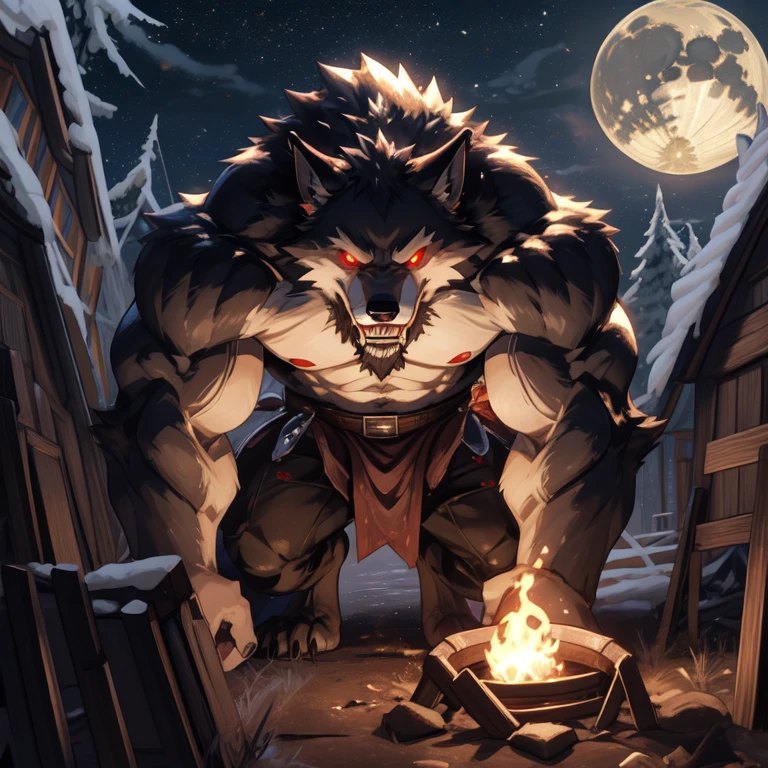 Strong werewolf with grey hair, butcher, handsome, cruel and elegant, scary butcher knife, strong, full moon night, demon hunting, bloody, poor body shape, wolf&#39;s hideous smile, scary laughter, werewolf chasing, terrified expression, hideous and scary werewolf, huge muscles, thick and strong werewolf, werewolf is chasing objects outside the screen, huge werewolf grinning, midnight, deep forest, dark torture, scary werewolf, scary werewolf rape face, poor body shape, scary butcher, hideous hunting, savage upper body without clothes, transformation, red eyes, glowing eyes, huge butcher knife