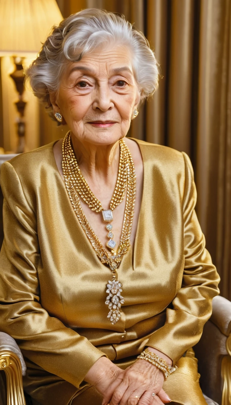 elderly woman with gold clothes and accessories, wearing a diamond necklace, sitting on a gold chair, in a luxury room