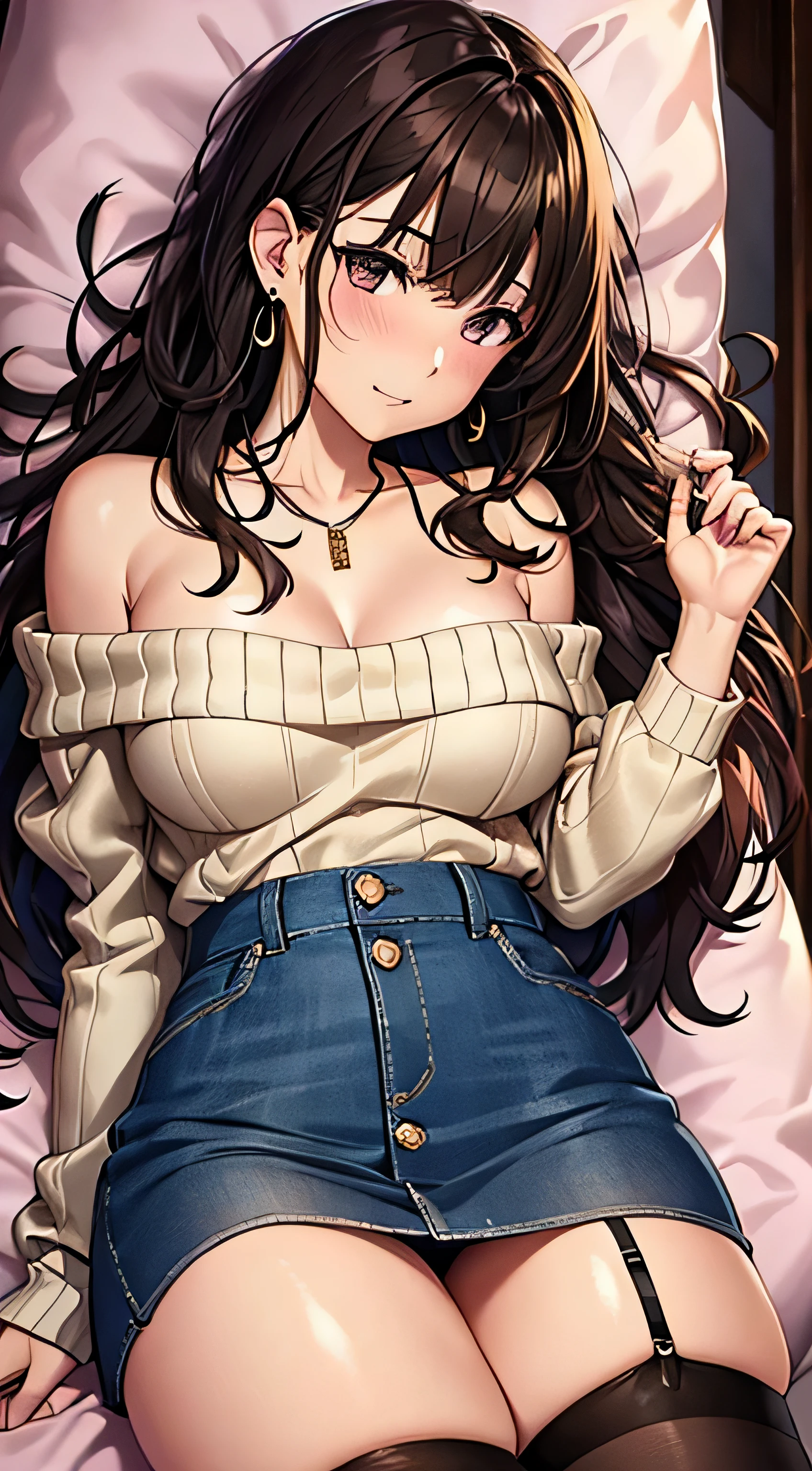 (table top, highest quality, High resolution, , perfect pixel, 4k,), 1 girl, single, alone, Beautiful woman、I could see the whole body、 ((wavy middle hair, bangs, brown hair)), ((brown eyes, beautiful eyelashes, realistic eyes)), ((detailed face, blush:1.2)), ((smooth texture:0.75, realistic texture:0.65, realistic:1.1, Anime CG style)), medium breasts, dynamic angle, perfect body, ((, beige off shoulder sweater、Tight denim skirt、black stockings、cute necklace、earrings、)), upper grade、shy smile、Luxury hotel room、sleep on your back in bed、((open legs))、angle from below、Put your arms together to accentuate your cleavage、、((Pink lace panties are visible))、