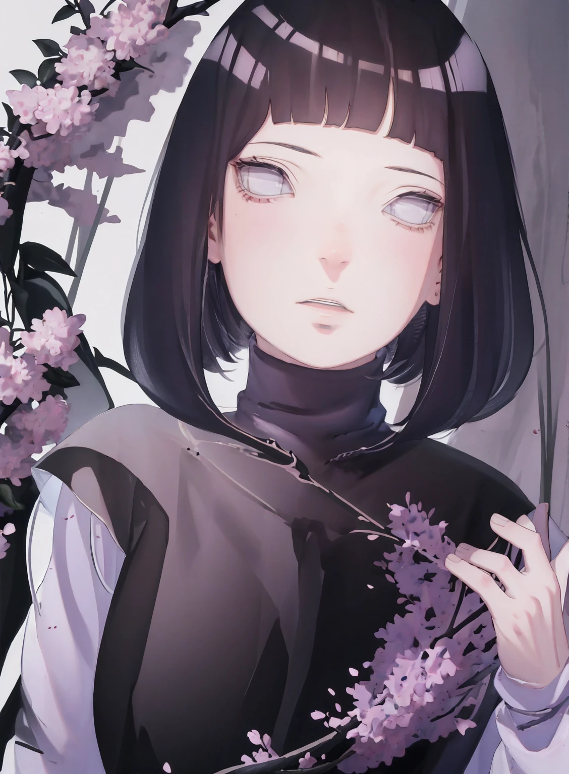 { - anatomy error} (Masterpiece - Ultra-detailed, very high resolution) (huge titusty, masterpiece, absurdres, hinata\(boruto\), 1girl, solo,mature female, lilac turtleneck blouse, black pant, looking at viewelling petals), perfect composition, detailed lips, big breast, beautiful face, body propotion, blush, (pink lips), short hair, (black hair), purple eyes, soft gaze, super realistic, detailed, photoshoot, realistic face and body, closed mouth , lilac eyes, upper body, hidden hands, perfect fingers, inocent face, portrait, , backwards, looking back, dynamic poses