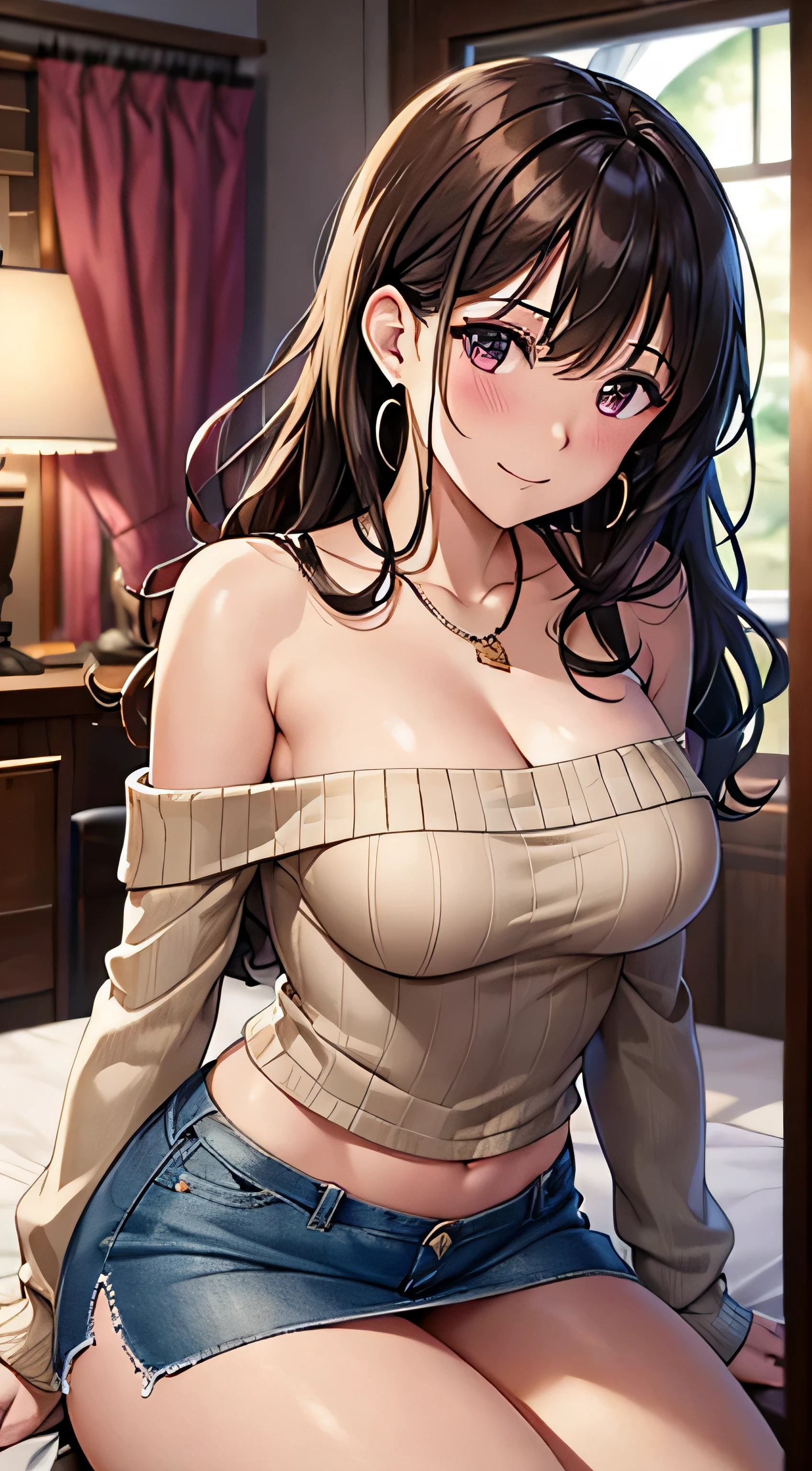 (table top, highest quality, High resolution, , perfect pixel, 4k,), 1 girl, single, alone, Beautiful woman、I could see the whole body、 ((wavy middle hair, bangs, brown hair)), ((brown eyes, beautiful eyelashes, realistic eyes)), ((detailed face, blush:1.2)), ((smooth texture:0.75, realistic texture:0.65, realistic:1.1, Anime CG style)), medium breasts, dynamic angle, perfect body, ((, beige off shoulder sweater、Tight denim skirt、black stockings、cute necklace、earrings、)), upper grade、shy smile、Luxury hotel room、sleep on your back in bed、((open legs))、angle from below、Put your arms together to accentuate your cleavage、、((Pink lace panties are visible))、