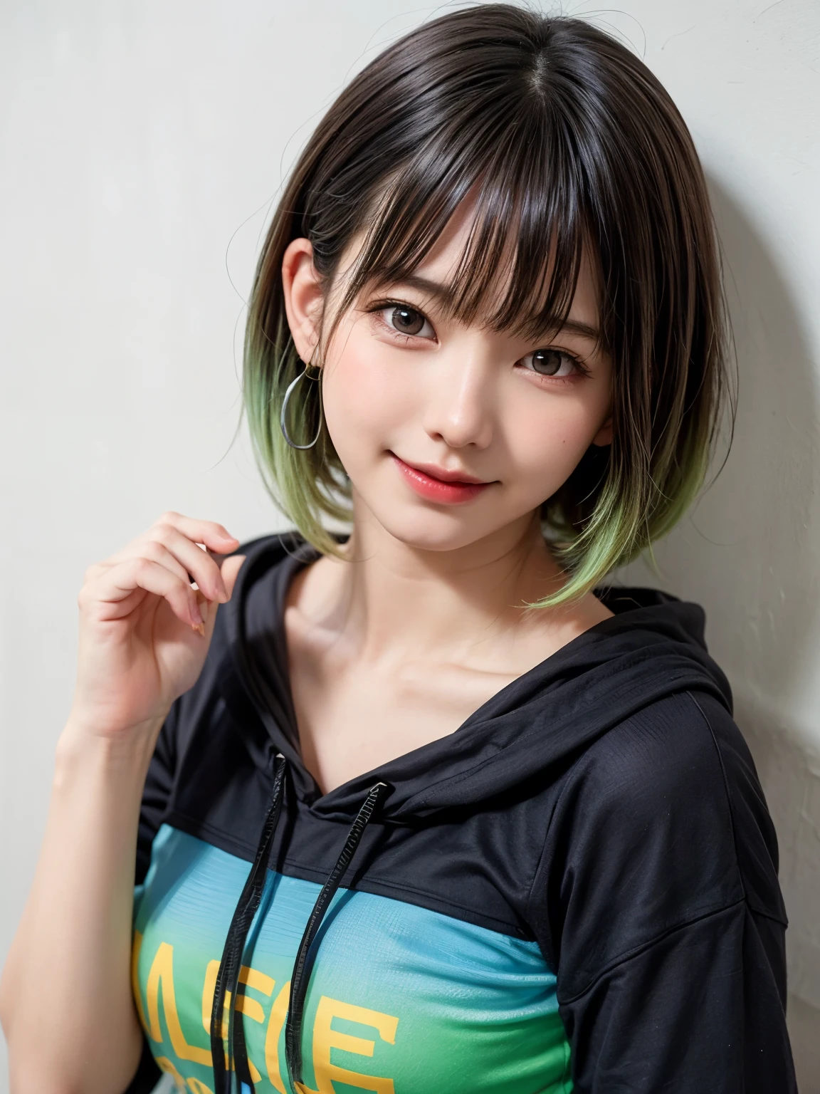 1 girl, alone, alone focus, cowboy shot, portrait, oversized hoodie, aqua green and white hoodie, half aqua, half green, ((black hair)), (yellow hair), (gradient hair :1.5), curly hair, ((pink eyes)), highly detailed eyes, tan, (dark caramel skin:1.1), highest quality, Super detailed, white background, simple background、happy smile、beautiful decollete、long neck、stick out ears