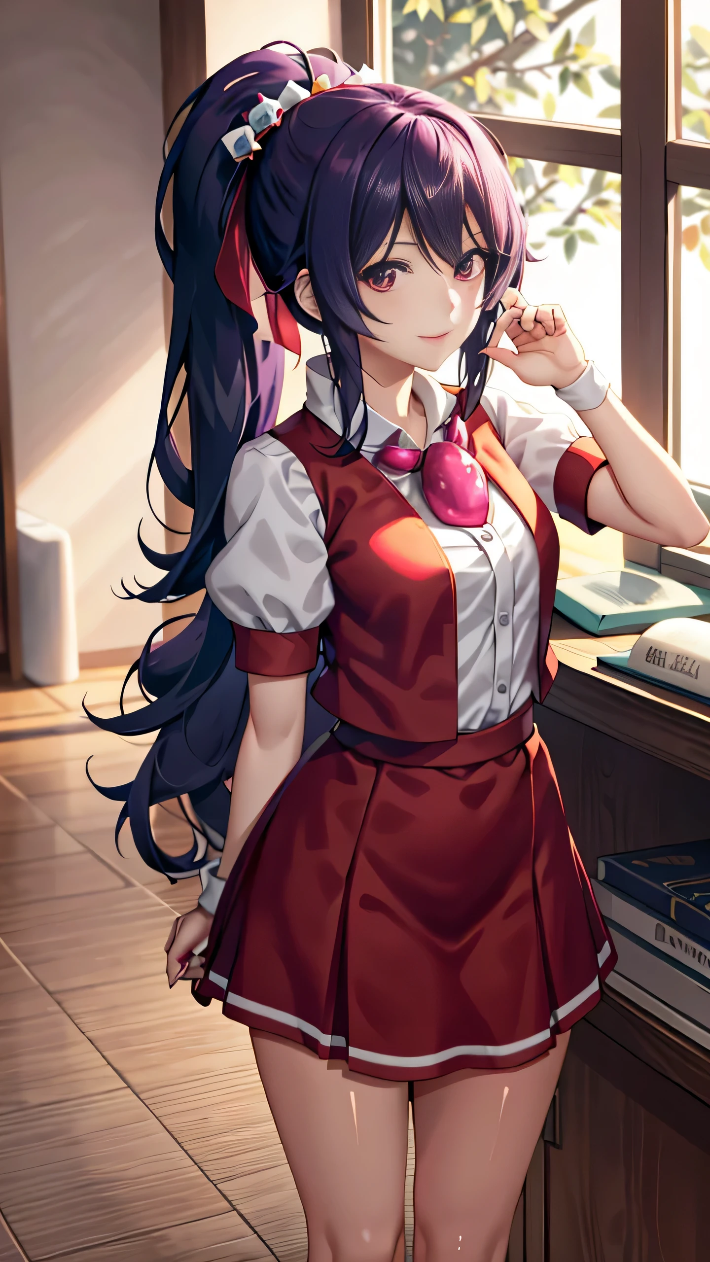 Title: "Araragi Karen - The Egg-celent Student"
Masterpiece: This intricately detailed CG art showcases Araragi Karen, a solo character, immersed in her unique studying environment.
1girl: Focusing on our beautiful protagonist, Karen, with her medium breasts, exploring the world of knowledge.
Solo: Karen, engrossed in her homework, radiating an undeniable charm and elegance through her captivating presence.
Araragi Karen: This Anime-styled character dons a hair ornament shaped like an egg, complementing her side ponytail, made from black silky strands.
H