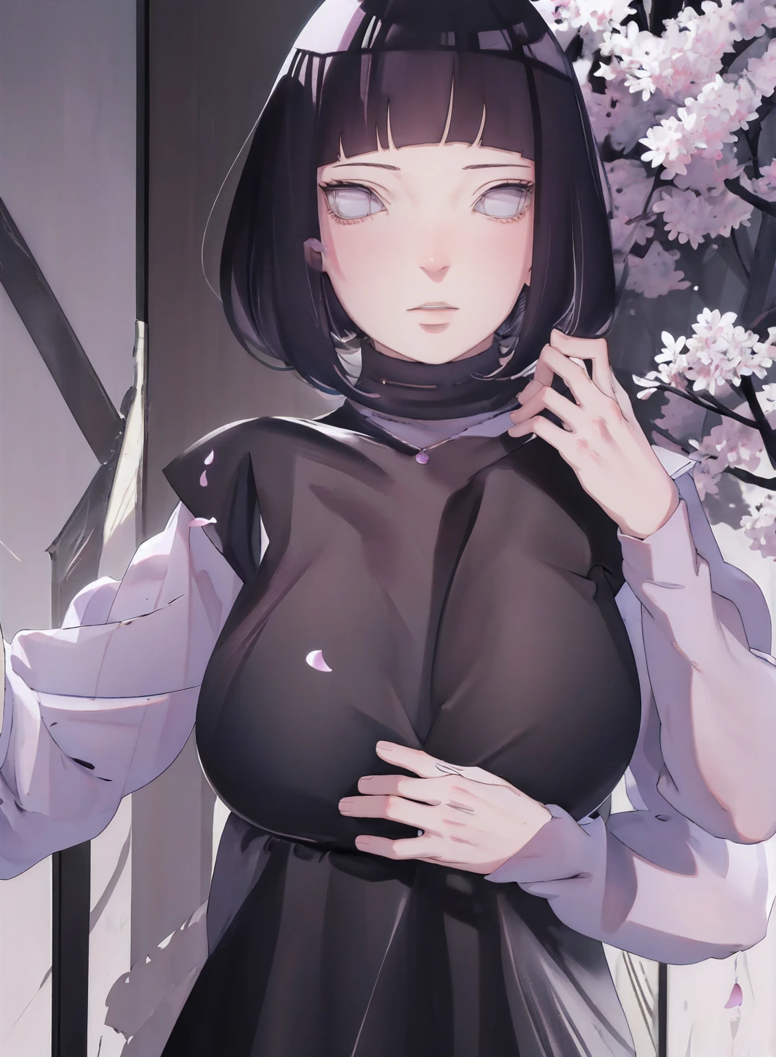 { - anatomy error} (Masterpiece - Ultra-detailed, very high resolution) (huge titusty, masterpiece, absurdres, hinata\(boruto\), 1girl, solo,mature female, lilac turtleneck blouse, black pant, looking at viewelling petals), perfect composition, detailed lips, big breast, beautiful face, body propotion, blush, (pink lips), short hair, (black hair), purple eyes, soft gaze, super realistic, detailed, photoshoot, realistic face and body, closed mouth , lilac eyes, upper body, hidden hands, perfect fingers, inocent face, portrait, , backwards, looking back, dynamic poses