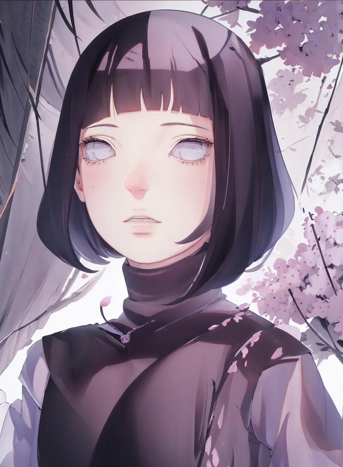 { - anatomy error} (Masterpiece - Ultra-detailed, very high resolution) (huge titusty, masterpiece, absurdres, hinata\(boruto\), 1girl, solo,mature female, lilac turtleneck blouse, black pant, looking at viewelling petals), perfect composition, detailed lips, big breast, beautiful face, body propotion, blush, (pink lips), short hair, (black hair), purple eyes, soft gaze, super realistic, detailed, photoshoot, realistic face and body, closed mouth , lilac eyes, upper body, hidden hands, perfect fingers, inocent face, portrait, , backwards, looking back, dynamic poses