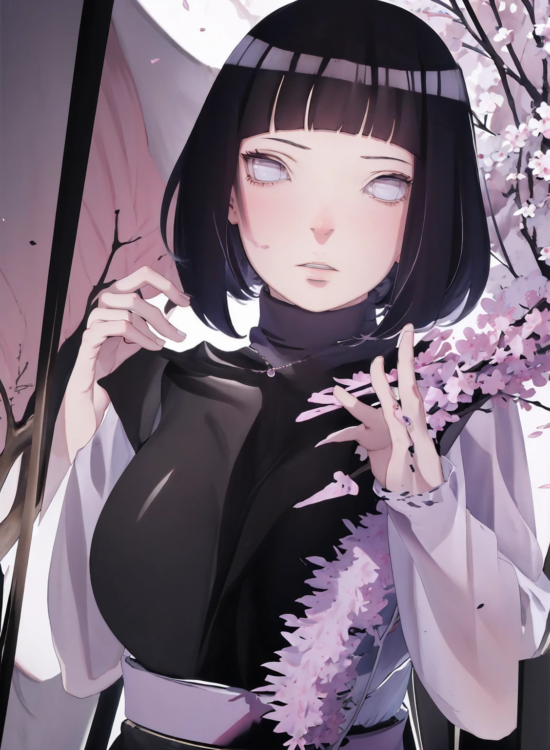 { - anatomy error} (Masterpiece - Ultra-detailed, very high resolution) (huge titusty, masterpiece, absurdres, hinata\(boruto\), 1girl, solo,mature female, lilac turtleneck blouse, black pant, looking at viewelling petals), perfect composition, detailed lips, big breast, beautiful face, body propotion, blush, (pink lips), short hair, (black hair), purple eyes, soft gaze, super realistic, detailed, photoshoot, realistic face and body, closed mouth , lilac eyes, upper body, hidden hands, perfect fingers, inocent face, portrait, , backwards, looking back, dynamic poses