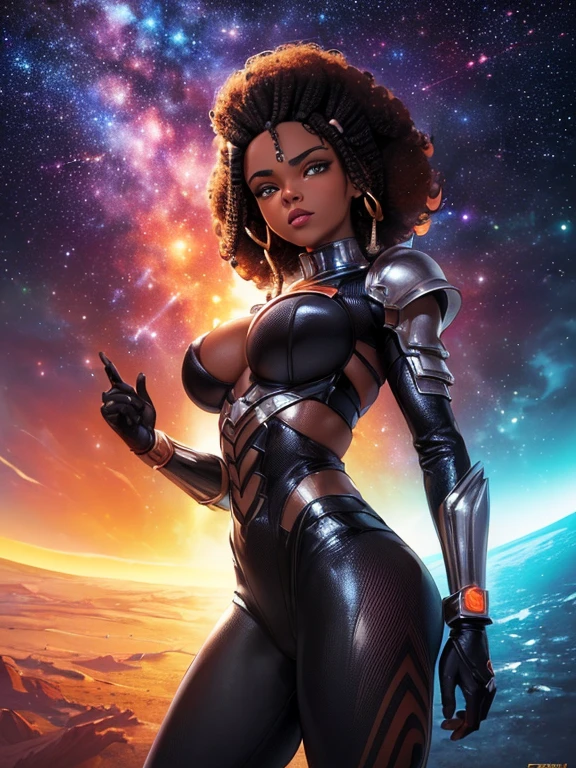 Garota,lindo,(((1 garota))),((linda y hermosa chica de Cabelo afro)),((((black race)))),
(seios grandes:1.4),saggy breasts,((((cabelo afro preto:1.35,((Cabelo afro:1.35)),Cabelo afro,afro:1.35,Cabelo escuro,cabelo preto,)))),cabelo medio,((heterochromia:1.5,olho1 laranja,olho2 vermelho,olhos perfeitos,Olhos voltados para cima:1.3,lindos olhos detalhados,Lindos olhos finamente detalhados:1,Grande destaque nos olhos:1.2)),((gordo)),((((bronzeado,pele escura,pele negra:1.35,Moreno_female,pele escura:1.3,ebony skin,Piel lustrosa:1.5,pele brilhante: 1.5,pele brilhante,pele muito brilhante,corpo brilhante,pele iluminada,pernas molhadas)))),(spider lower abdomen,cintura estreita,quadril largo,athletic body,pernas infladas,Dedos delicados e detalhados),((The hand consists of a short thumb and four fingers,hand with only five fingers,(Rosto detalhado))),
Lindo,vagabunda,sensual,mirada sedutora,sedutor,erotic,encantador,(((nsfw))),
zetai ryouiki,Roupas reveladoras,mostrar a pele,(wearing mechanical space armor:1.3,microbiquini,pernas nuas,an armored arm),((Roupa preta de astronauta com detalhes em neon laranja e roxo,Roupas detalhadas)),
(dynamic pose:1.0),Foco individual,envergonhado,(centrado,Scale to fit dimensions,rule of thirds),
((((galactic landscape, Costa, sky with big red planet)))),stormy sky,threatening sky,nuvens escuras,((tema de fundo synthwave,Detailed history : 1.25)),((((noite,Beautiful Lighting Decorations,Arquitetura detalhada)))),
(A melhor qualidade,high resolution,sharp focus,Ultra detalhado,extremamente detalhado,High quality illustrations,(realista,fotorrealista:1.37),8k_papel de parede,(CG 8k extremamente detalhado),(muito bom 8K CG),((hyper super ultra detailed perfect piece)),perfeito,(((Obra-prima))),illustration,cores vibrantes,(intrincado),Alto contraste,Selective lighting,Double exposure,HDR (High dynamic range),Post-processing,desfoque de fundo,
