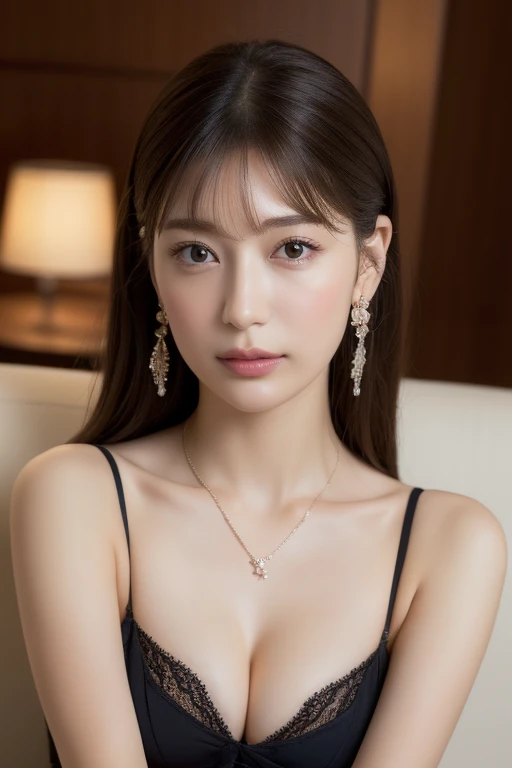 ((In 8K, Raw photo, highest quality,realistic, Photoreal:1.3)),((,very delicate and beautiful,very detailed, finely,Super detailed, High resolution:1.3))、Japanese, woman, (20-year-old), viewer'point of view, A beautiful, shiny straight ponytail, red scrunchie、See-through bang, embarrassed look, ((half-open lips))、Draw poses and angles randomly, (beautiful feces:1.2), (cute:1.3) Optics (three-dimensional sense) 、 Black fine lace dress。 beautiful decollete、 ((cute:1.3)) 、 ((Carefully reproducing and depicting detailed and high-quality eyes))、hotel lounge、food on the table、holding a beer mug in hand、gentle lighting、tipsy、One shoulder is visible、photo from the chest up、high angle、earrings、necklace、Hiki's photo、