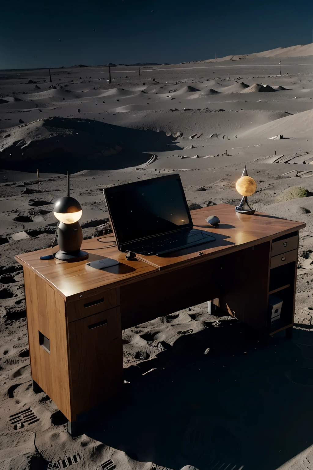 A desk on the surface of the moon with an alien answering phone that sits on the desk.