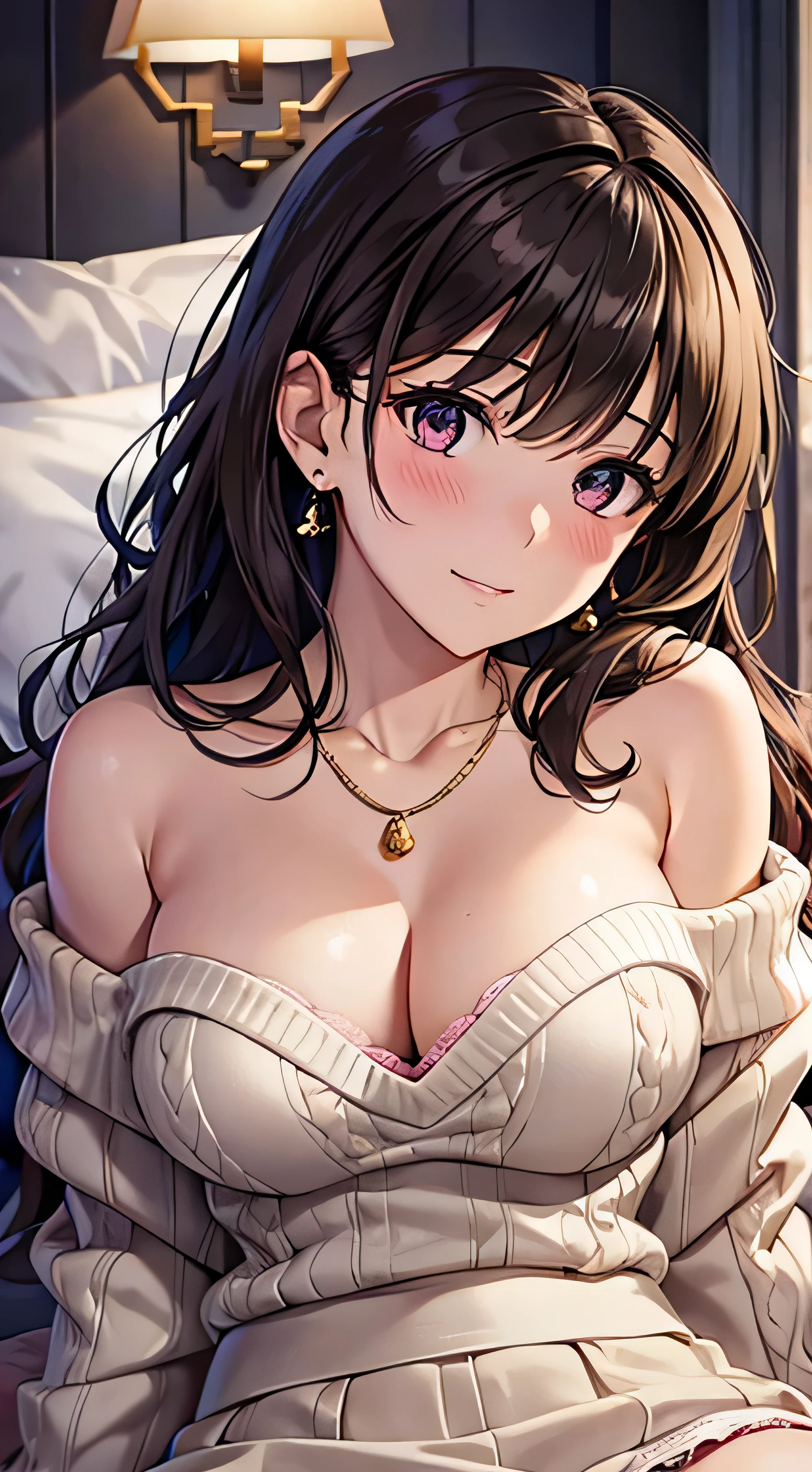 (table top, highest quality, High resolution, , perfect pixel, 4k,), 1 girl, single, alone, Beautiful woman、I could see the whole body、 ((wavy middle hair, bangs, brown hair)), ((brown eyes, beautiful eyelashes, realistic eyes)), ((detailed face, blush:1.2)), ((smooth texture:0.75, realistic texture:0.65, realistic:1.1, Anime CG style)), medium , dynamic angle, perfect body, ((, beige off shoulder sweater、Tight denim skirt、black stockings、cute necklace、earrings、)), upper grade、shy smile、Luxury hotel room、sleep on your back in bed、((open legs))、angle from below、Put your arms together to accentuate your cleavagk lace panties are vis